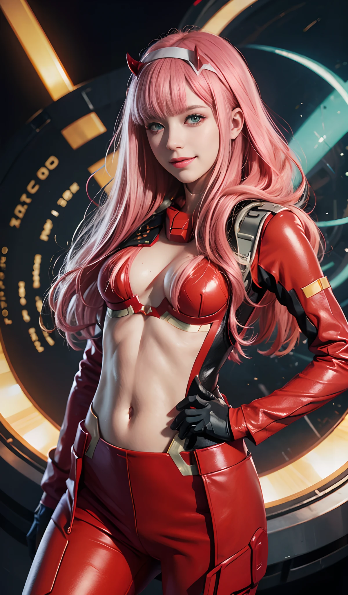 Very detailed background, master piece, best quality, 1girl, solo, ((master piece, best quality)), best aesthetics, Zero Two, , (smile), (Darling in the Franxx), Darling in the Franxx, bangs, biting, blushing , covered navel, eyeshadow, green eyes, hair behind head, hand on hip, horns, long hair, looking at viewer, makeup, pilot costume, red costume, pink hair, red eyeshadow, science fiction, tight skin,