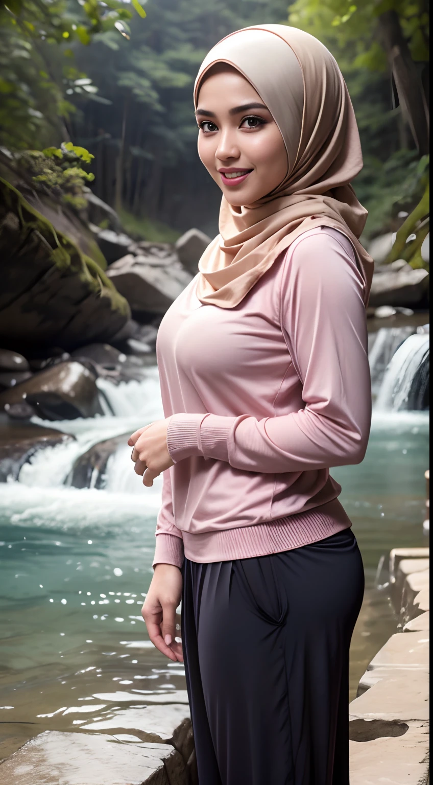 RAW, Best quality, high resolution, masterpiece: 1.3), beautiful Malay woman in hijab (iu:0.8),Best quality, high resolution, Masterpiece: 1.3, Beautiful hijabi malay girl, Masterpiece, Soft smile,Beautiful Malay women wear pastel color hijab at waterfall, bright sunshine, hiking clothes, pullover, long pants, highres,4k,HDR,1girl, photorealistic, realistic,sweat skin, wet clothes, wet body, big breast, ((full body))soaked, dripping, smiling at viewer, closeup