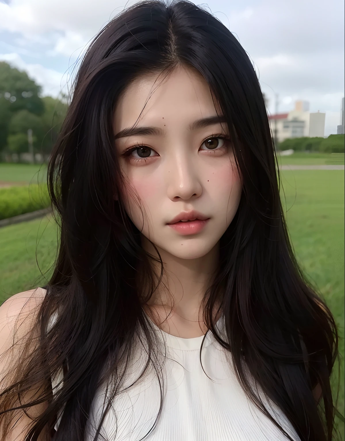 mulher arafed com cabelo preto longo e um top branco, menina coreana, Realistic. Cheng Yi, young adorable korean face, Ulzzang, Mulher sul-coreana bonita, korean face features, south east asian with round face, Wenfei Ye, Xision Wu, Xintong Chen, Beautiful Asian girl, Asian girl with long hair, linda mulher coreana jovem