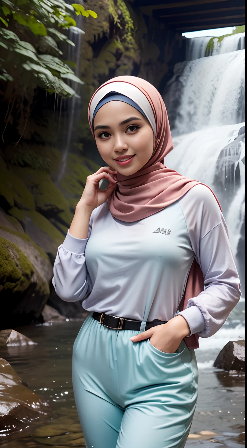 RAW, Best quality, high resolution, masterpiece: 1.3), beautiful Malay woman in hijab (iu:0.8),Best quality, high resolution, Masterpiece: 1.3, Beautiful hijabi malay girl, Masterpiece, Soft smile,Beautiful Malay women wear pastel color hijab at waterfall, bright sunshine, hiking clothes, pullover, long pants, highres,4k,HDR,1girl, photorealistic, realistic,sweat skin, wet clothes, wet body, big breast, ((full body))soaked, dripping, smiling at viewer, closeup