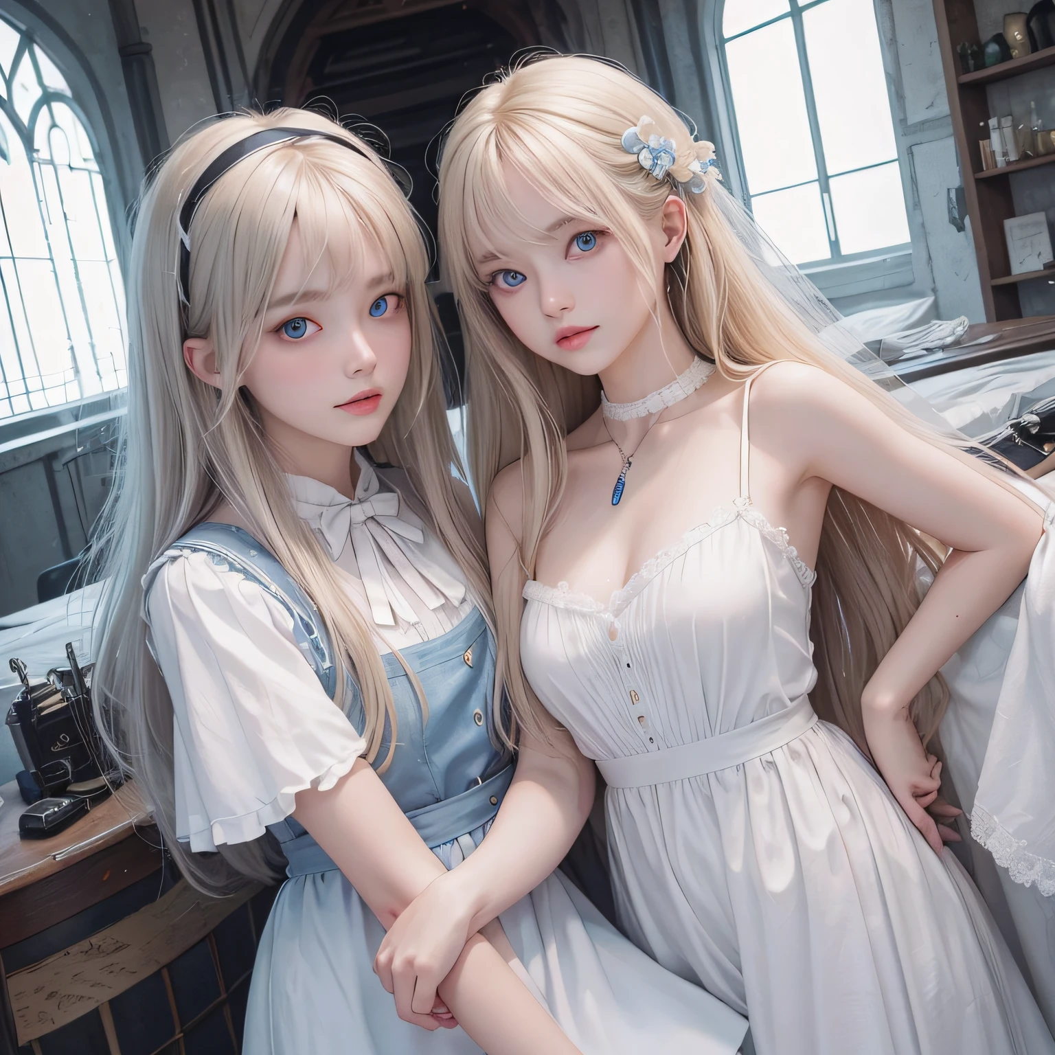 Two girls in white dresses posing for a picture in a room - SeaArt AI