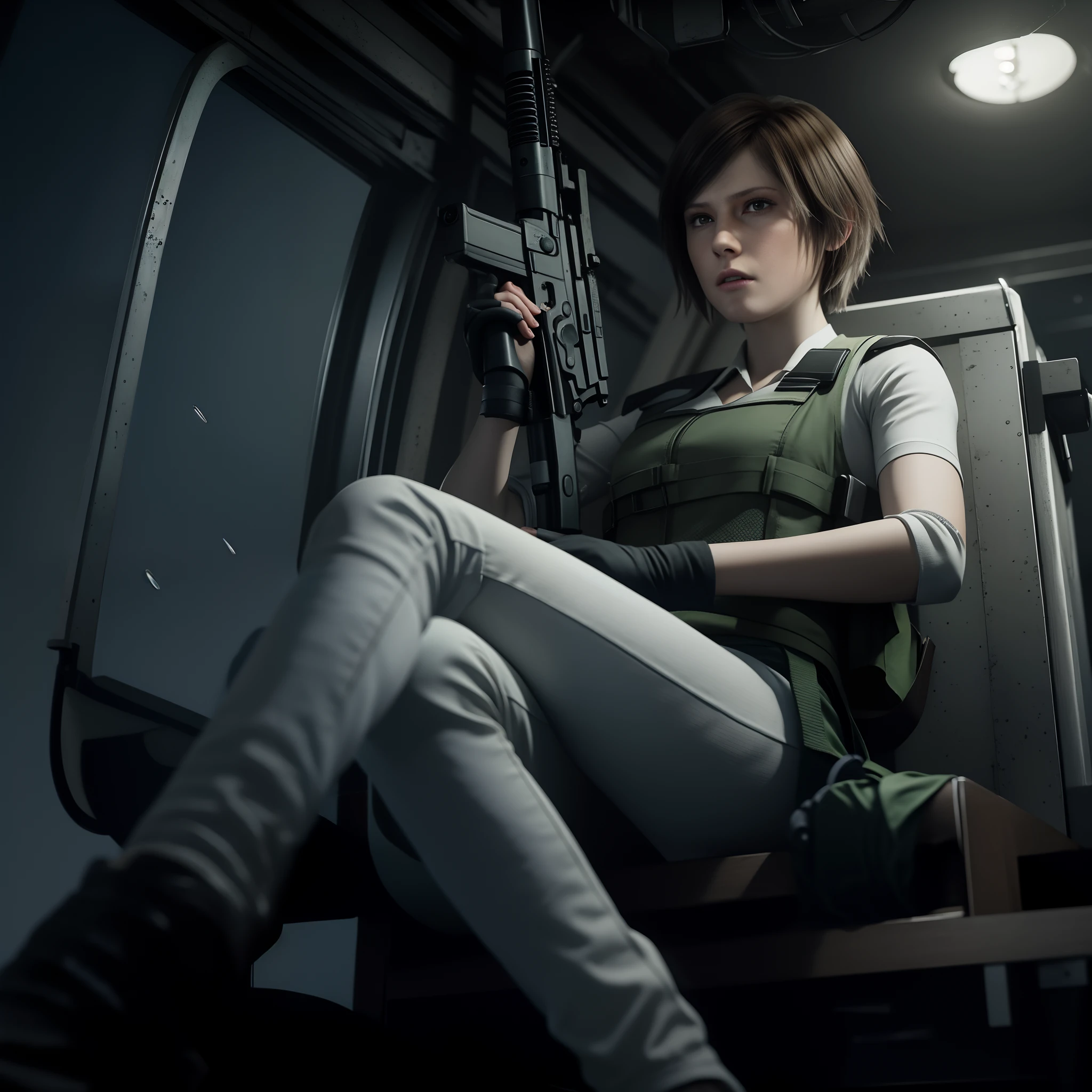 beautiful face, shy, short bob brown hair, perfect face, Rebecca chamber from resident evil, white jeans, green vest Long-sleeved clothes, holding a gun