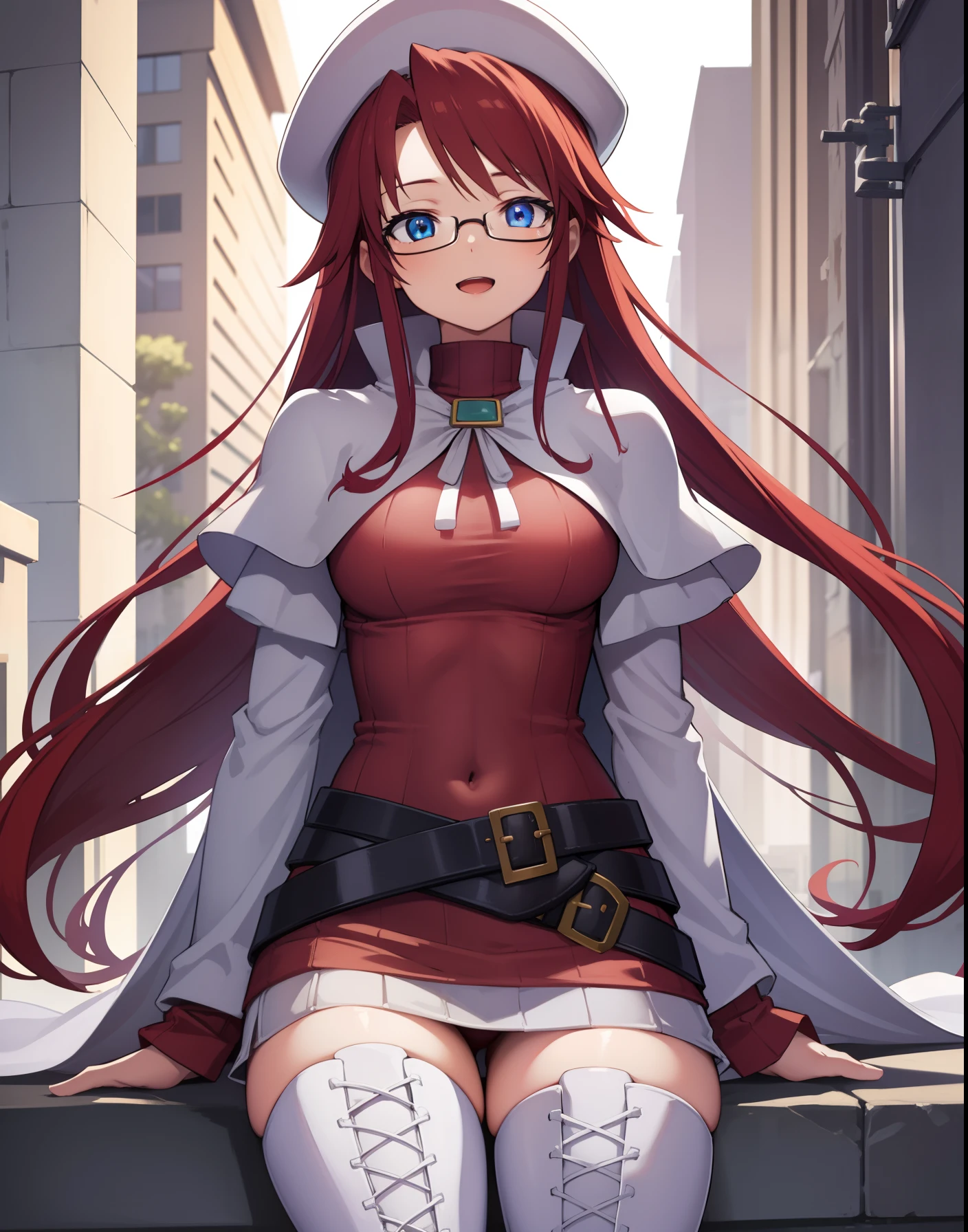 summonnightaty, aty, long hair, blue eyes, red hair, beret, hat, glasses,
BREAK long hair, thighhighs, hat, dress, boots, glasses, belt, cape, sweater, zettai ryouiki, beret, thigh boots, white footwear, ribbed sweater, loose belt,,
BREAK outdoors, fantasy_city,
BREAK (masterpiece:1.2), best quality, high resolution, unity 8k wallpaper, (illustration:0.8), (beautiful detailed eyes:1.6), extremely detailed face, perfect lighting, extremely detailed CG, (perfect hands, perfect anatomy),covered_nipples,covered_navel,light_smile,dynamic_posing,(half_eyes:1.2),spread_legs,light_open_mouth,sword,sitting,