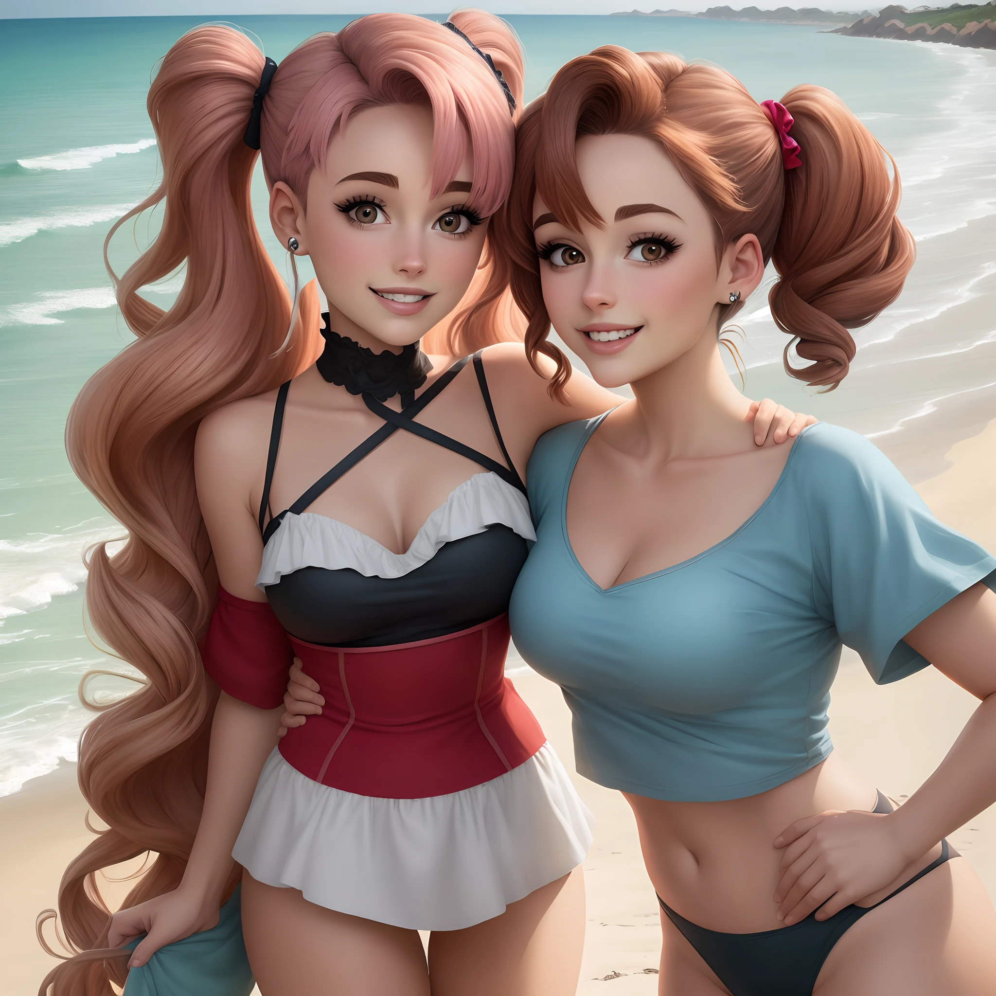 Personagem de desenho animado, nariz grande,  dentes da frente grande cabelos pentiado de lado, cabelo castanhos esta na praia