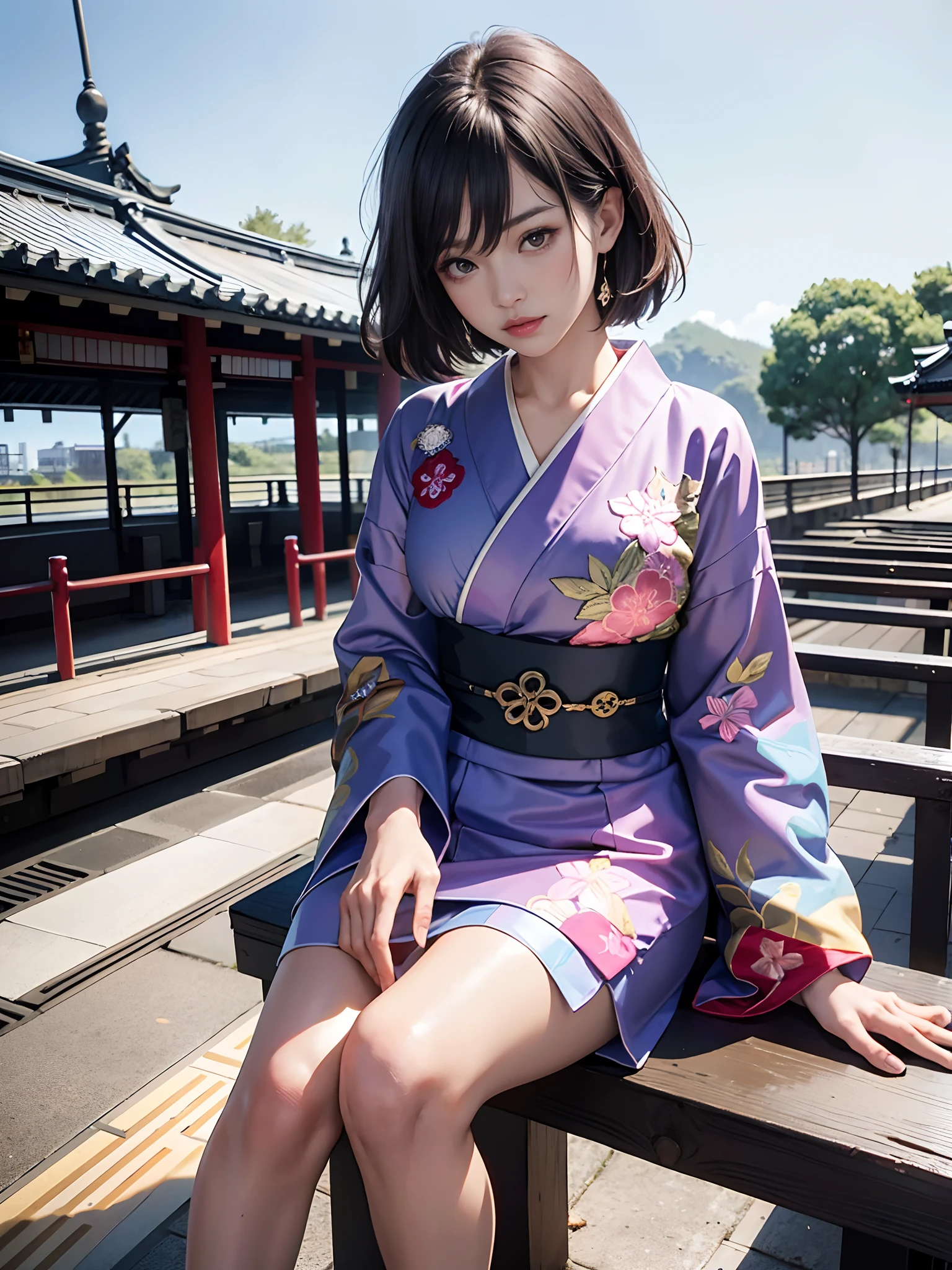 Background of details(Railway Station Platforms,Train on the tracks),BREAK ,elaborate costume(Luxurious Japan kimono(Colorful kimono(detailed embroidery()))),BREAK,(1 Beautiful and classy adult woman(Shy smile:1.2)(Japanese actressl:1.2)(A dark-haired:1.2(short-hair:1.2))),(eye glass:1.2),(Sitting on a bench),BREAK,Wallpapers 16K,Blur the background,)(masutepiece,Best Quality,Portrait photos):1.5),full body Esbian