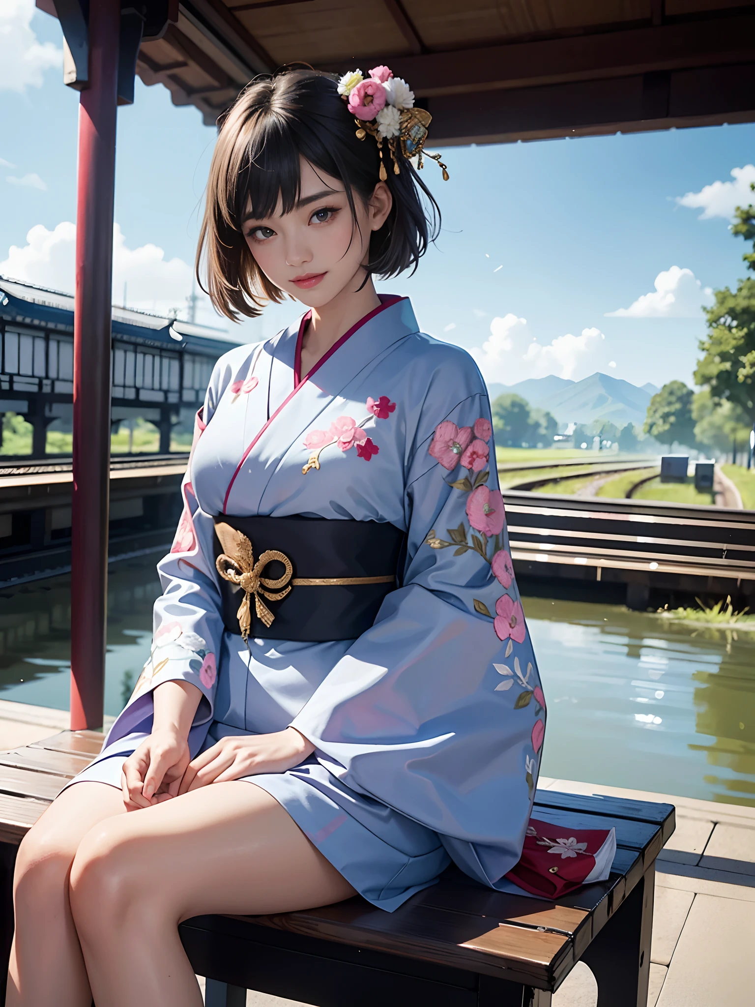 Background of details(Railway Station Platforms,Train on the tracks),BREAK ,elaborate costume(Luxurious Japan kimono(Colorful kimono(detailed embroidery()))),BREAK,(1 Beautiful and classy adult woman(Shy smile:1.2)(Japanese actressl:1.2)(A dark-haired:1.2(short-hair:1.2))),(eye glass:1.2),(Sitting on a bench),BREAK,Wallpapers 16K,Blur the background,)(masutepiece,Best Quality,Portrait photos):1.5),full body Esbian