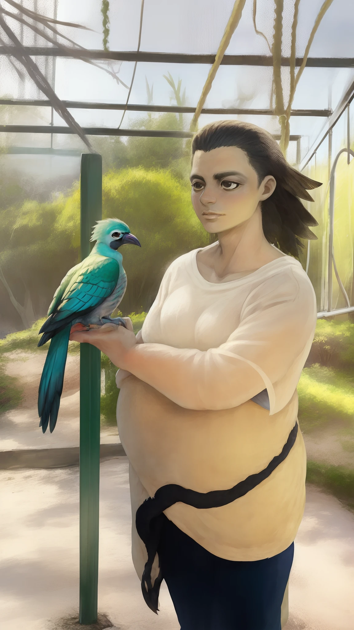 Woman holding a bird in her arms in a zoo enclosure, com um papagaio grande, Karla Ortiz, with great birds, Turaco Frango Morfador, ariel perez, com um papagaio no ombro, Karolina Cummings, pet bird, repleto de fauna, Lorena Avarez, Beautiful girl, Fotografia tirada em 2 0 2 0, tomada em 2 0 2 0