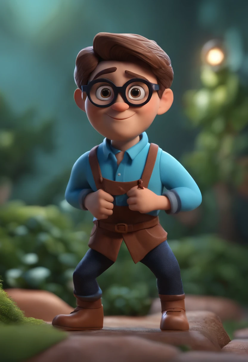 Cartoon character of a man wearing black glasses and a blue shirt, um personagem animado, Caractere estilizado, animation style rendering, 3D estilizado, Arnold Maya render, 3 d render stylized, toon render keyshot, Personagem 3D, Personagem 3D, 3d rendering stylized, 3 d character render, personagem de desenho animado, Personagem de close up, Pose de personagem, (Estilo Pixar) (master part:1.2) (Bokeh) (best quality) (pele detalhada) (textura detalhada) (8k) (argila) (Cinematic lighting) (foco nítido，Senta e vaza a parte superior do corpo