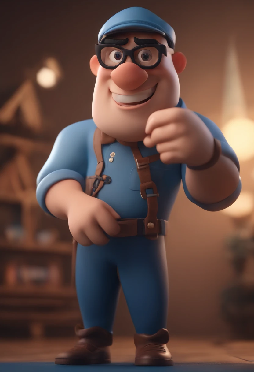 Cartoon character of a man wearing black glasses and a blue shirt, um personagem animado, Caractere estilizado, animation style rendering, 3D estilizado, Arnold Maya render, 3 d render stylized, toon render keyshot, Personagem 3D, Personagem 3D, 3d rendering stylized, 3 d character render, personagem de desenho animado, Personagem de close up, Pose de personagem, (Estilo Pixar) (master part:1.2) (Bokeh) (best quality) (pele detalhada) (textura detalhada) (8k) (argila) (Cinematic lighting) (foco nítido，Senta e vaza a parte superior do corpo