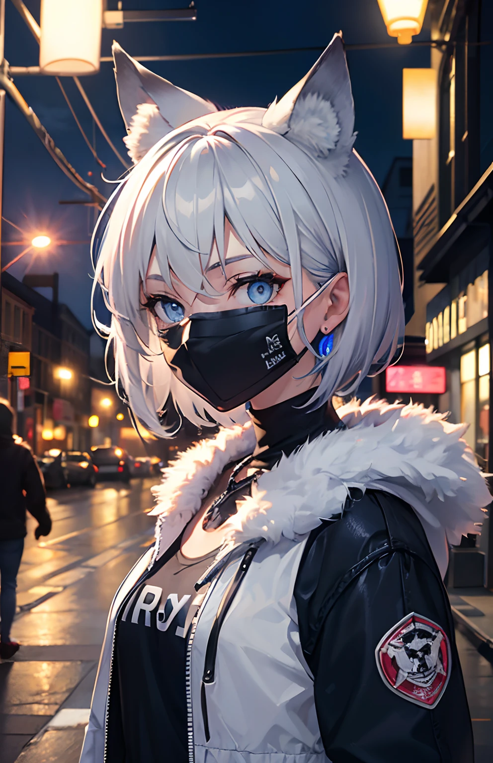 masterpiece,Top image quality,hight resolution,imagem 4k,Raw photo,Photorealsitic,{Solo},s girl,silber hair,Bery short hair,stare at each other,Blue eyes,小柄,Silver fox ears,Fox tail,streetlights,,punk fashion,boyish,,Black mask,,,,