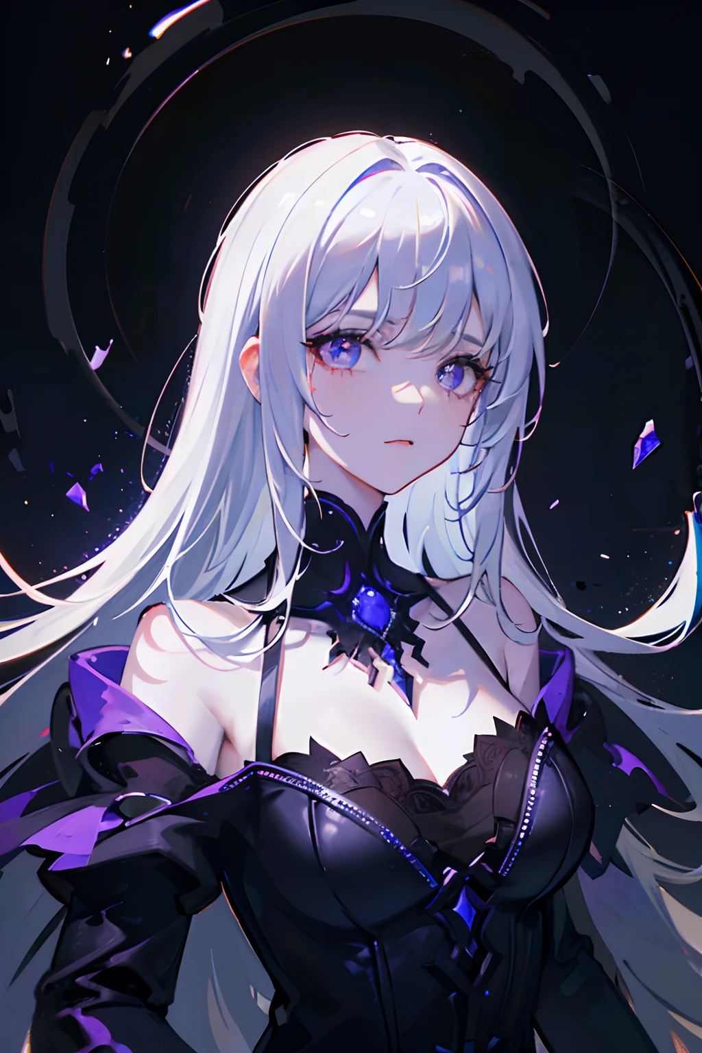 (masterpiece, best quality, ultra-detailed, best shadow), (detailed background,dark fantasy), (beautiful detailed face), high contrast, (best illumination, an extremely delicate and beautiful), ((cinematic light)), colorful, hyper detail, dramatic light, intricate details, (1girl, solo,white hair, sharp face,purple eyes, hair between eyes,dynamic angle), blood splatter, swirling black light around the character, depth of field,black light particles,(broken glass),magic circle,