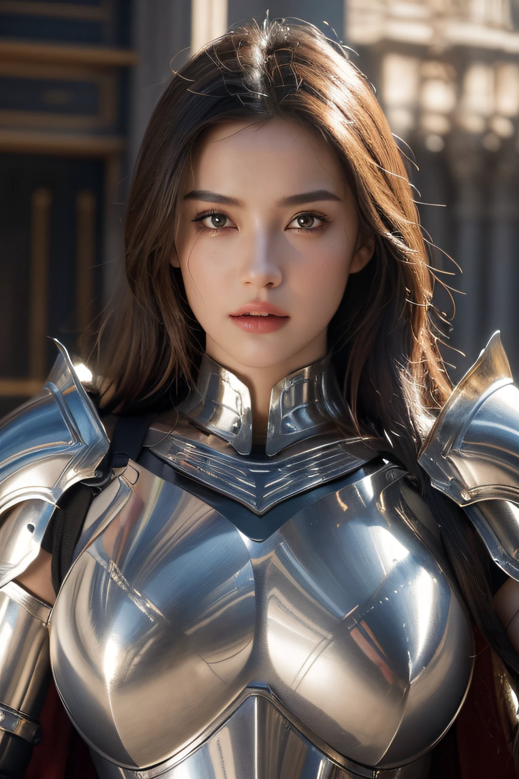 (top-quality,8K,masterpiece,A hyper-realistic),Female Knight in Armor,(A detailed eye,beautidful eyes,Detailed skin,Detailed lips,lipgloss),skin tanned,Colossal tits,Constriction,(Detailed Armor,Precision armor,Luxurious armor),