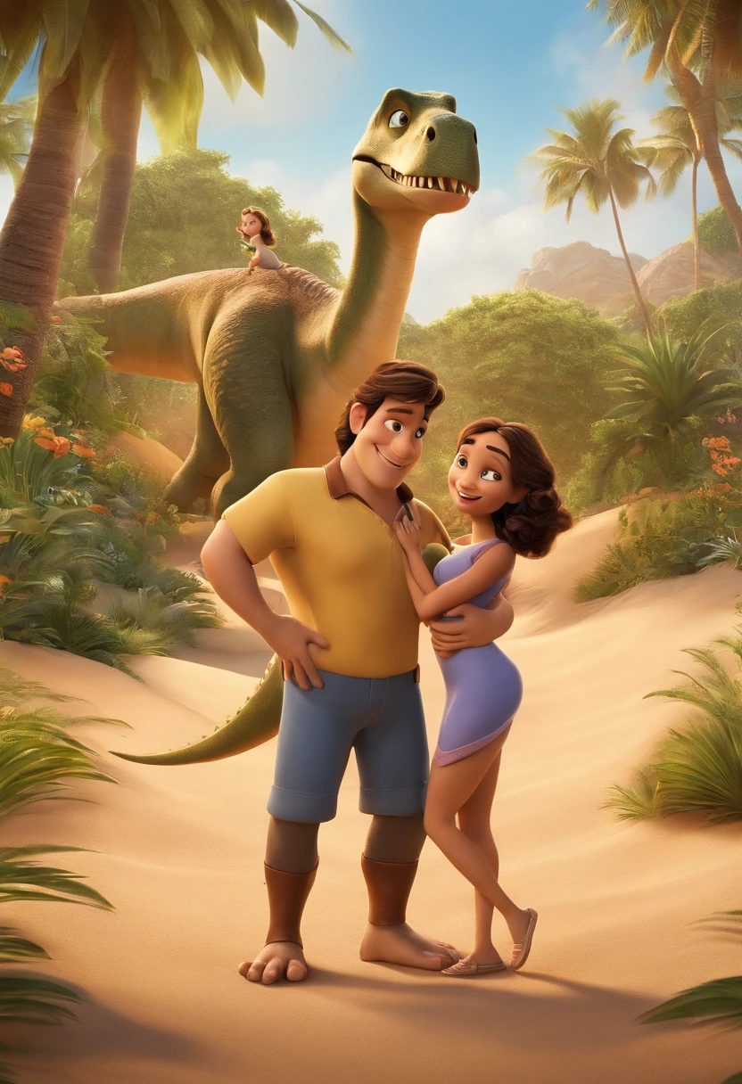a Disney Pixar movie poster showing a couple with a in arms, todos de pele branca. The father is the tallest, cabelos pretos, cabelos curtos e espinhosos. The mother has brown eyes and hair, shoulder-length and is slightly overweight. The boy is on his mother's lap holding a dinosaur. The background is a beach garden. 3D-rendering