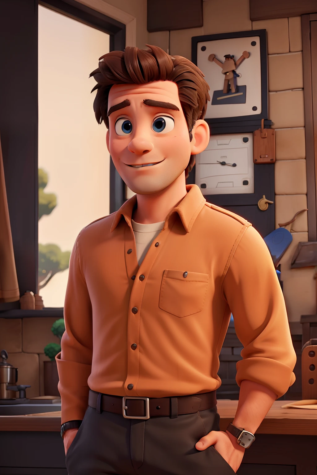 His name is steve and he's square and he's got a sword and he lives in a square world with trees and houses and square animals