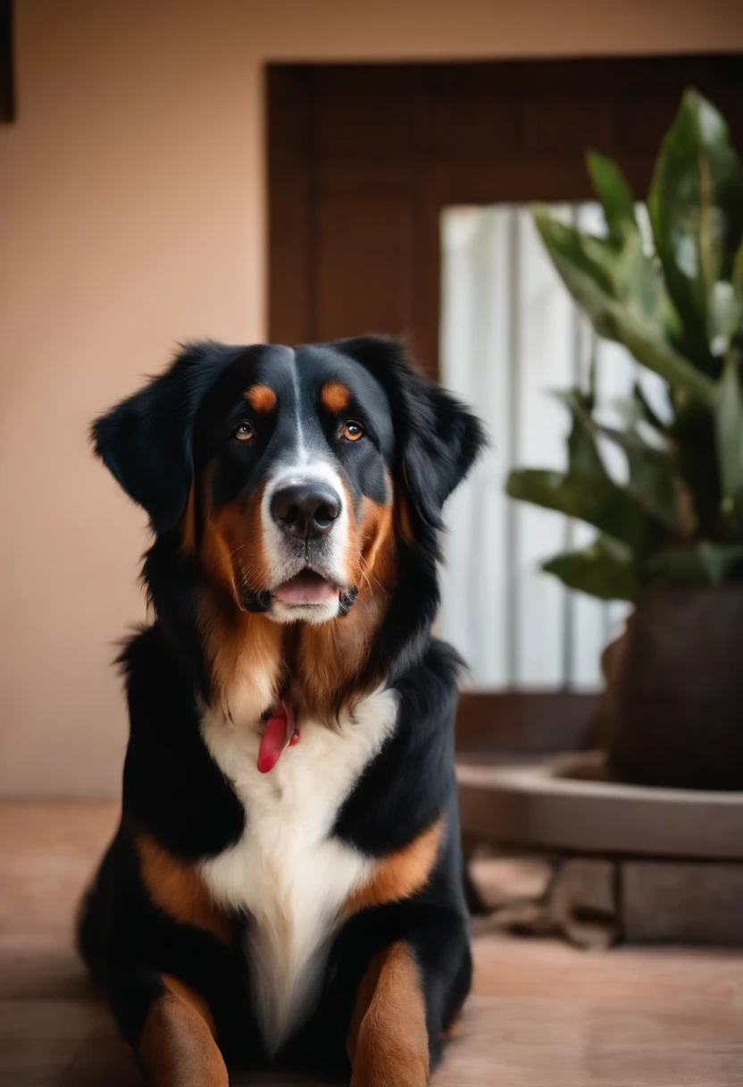 : Yago, negro, aproximadamente 5 anos de idade, cabelo curto preto estilo Disney, olhos castanhos e sorrisos. Cachorro: Bernese Feli breed licking boy's face are in a cozy little house in the valley, ao fundo um dia ensolarado, Destacando o Sol.