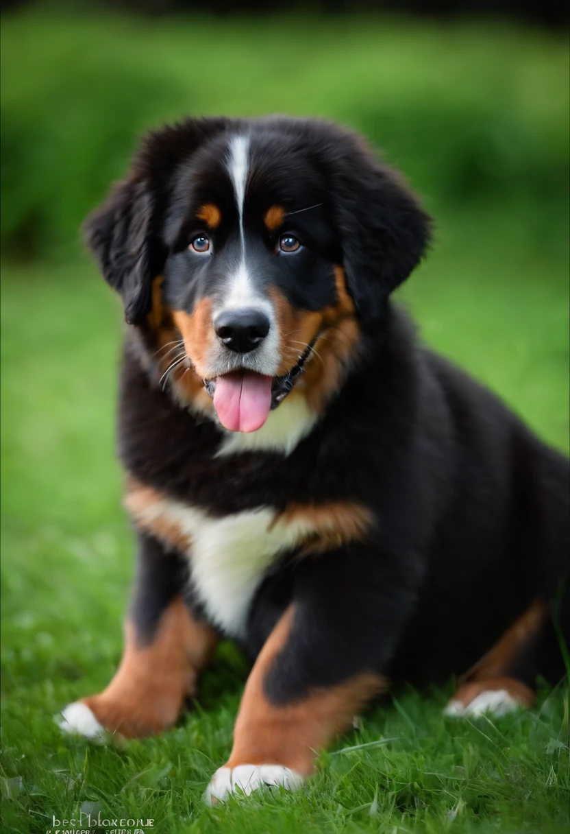 : Yago, negro, aproximadamente 5 anos de idade, cabelo curto preto estilo Disney, olhos castanhos e sorrisos. Cachorro: Bernese Feli breed licking boy's face are in a cozy little house in the valley, ao fundo um dia ensolarado, Destacando o Sol.