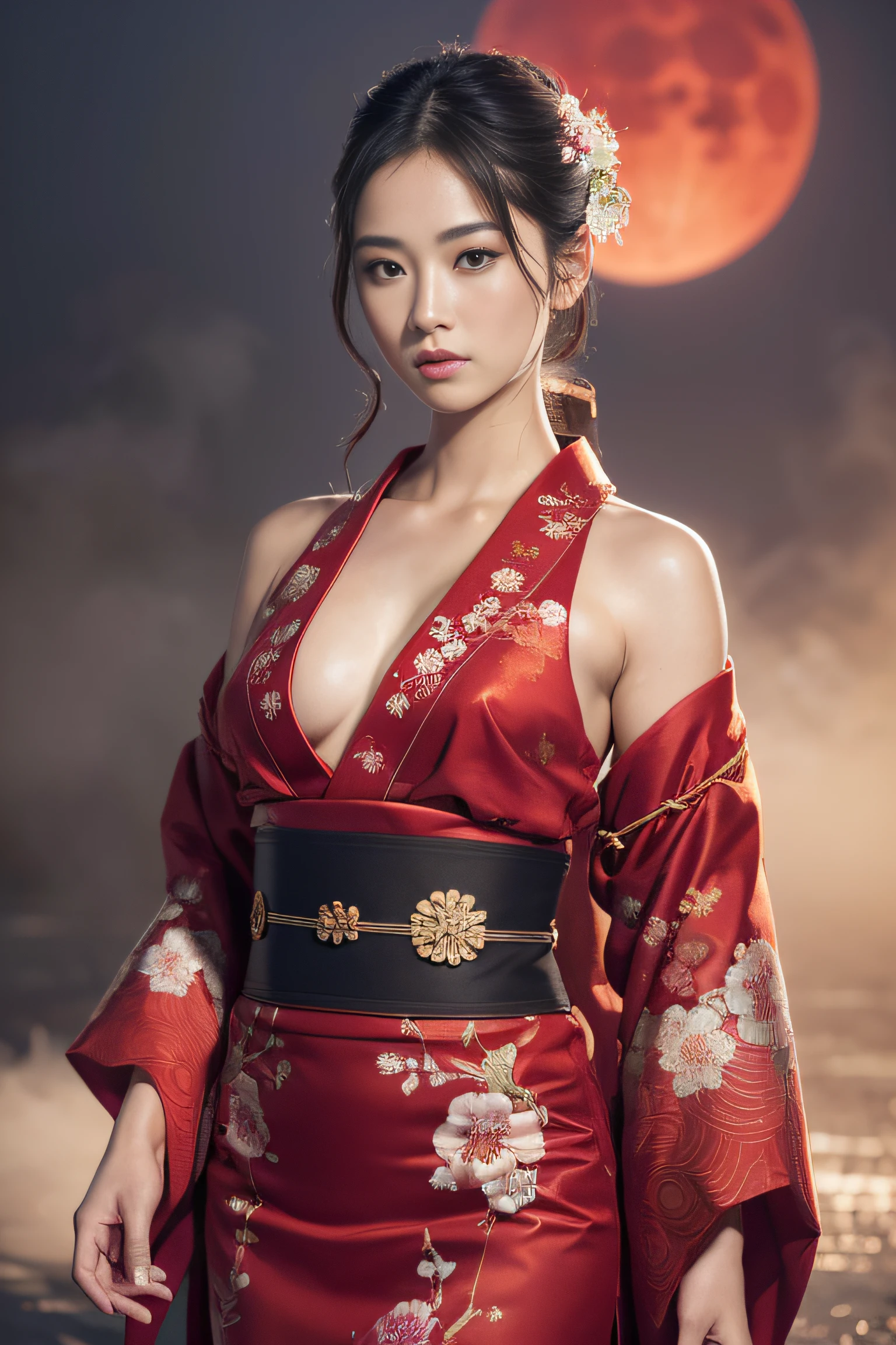 (masterpiece:1.2), ultra detailed, ultra high res, (realistic, photo realistic:1.37), high detail RAW color photo, professional photograph, an extremely delicate and beautiful, extremely detailed, 8k wallpaper, Amazing, finely detail, huge file size, extremely detailed beautiful girl, extremely detailed face, extremely detailed eyes, extremely detailed skin, extremely detailed fingers, highly detailed nose, highly detail mouth, Perfect ???????, Highly detailed background, (a famous actress of Japan:1.2), (gals:1.5), (flat chest:1.5), brown race, dark skin, reflection, wearing an elegant traditional kimono flower embroidery, (intricate detailed on kimono), epic background, (red moon:1.2), (fog:1.5), (ghost:1.2), (red fire:1.3), fantasy,