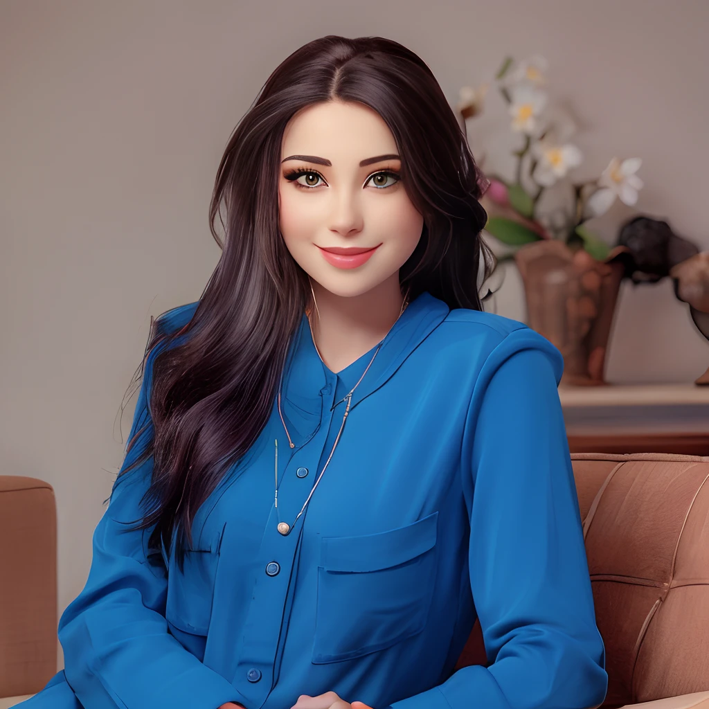 Smiling woman in blue shirt sitting on a sofa with a flower in the background, Alina Ivanchenko, Grego Ameera al Taweel, julia gorokhova, Anastasia Ovchinnikova, Moleksandra Shchaslyva, Ameera Al Taweel, retrato de Haifa Wehbe, Viktoria Gavrilenko, Ekaterina