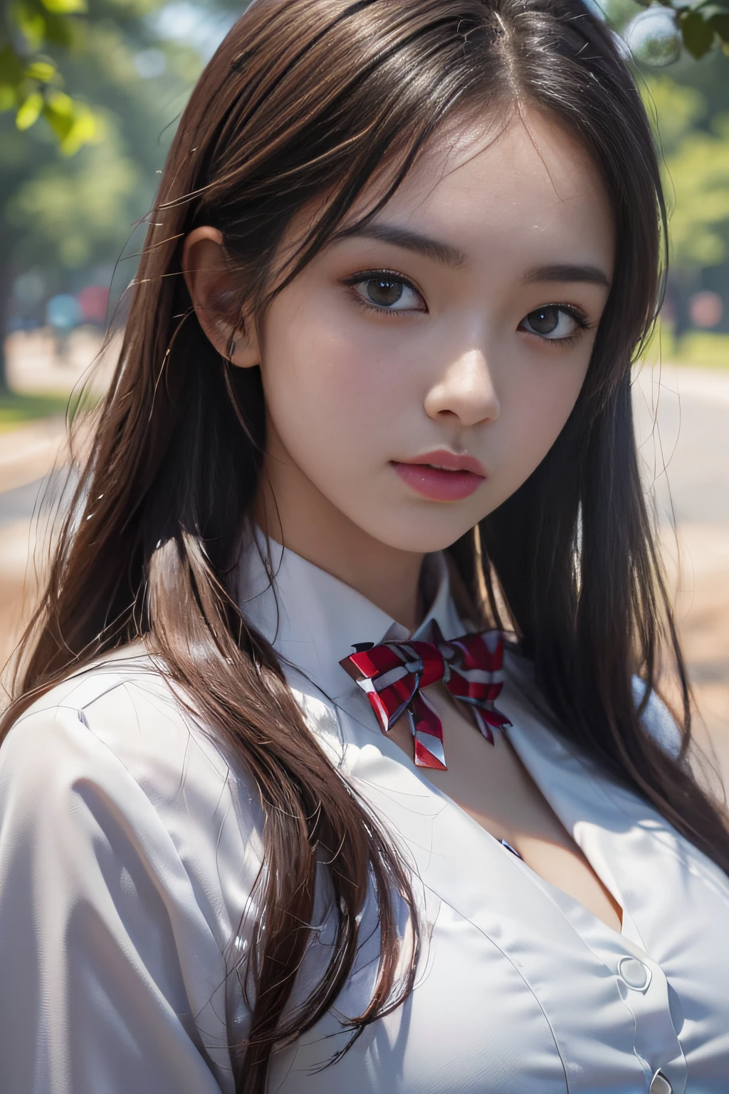 (8K high image quality), (top-quality), (RAW image quality),(masutepiece:1.2), (Realistic), (Photorealistic:1.37), Goose egg face,largeeyes,long eyelasher,Exquisite(Live-action realistic style),The Ultimate Face,Photorealistic light and shadow,Clear facial features,milky skin,Fair skin, highdetailskin,Realistic skin details,Visible Pore,(Super Detail),Hair length is random, (Flowing hair),Best portraits,Shot from a short distance, 1-girl, Cute,Beautiful detailed eyes, beautiful detailed nose, highlydetailed skin,Full body ,(eyecontact),(Colossal tits、Breast Abundance)、(Beautiful face with double eyelids), (Realism: 1.4),High image quality, excellent details, Ultra-high resolution, (Show your best smile to the audience), , favor details,,delicate and beautiful face,,20yr old,arafed asian woman in a short skirt posing for a picture, girl wearing school uniform, Short sleeves, wearing in shirt, Wearing school uniform, JK Uniform, wearing japanese school uniform, Seifuku, wearing headmistress uniform, Wearing a school uniform, with two front pockets, in a white shirt, White uniform, japanese girl school uniform, a hyperrealistic schoolgirl