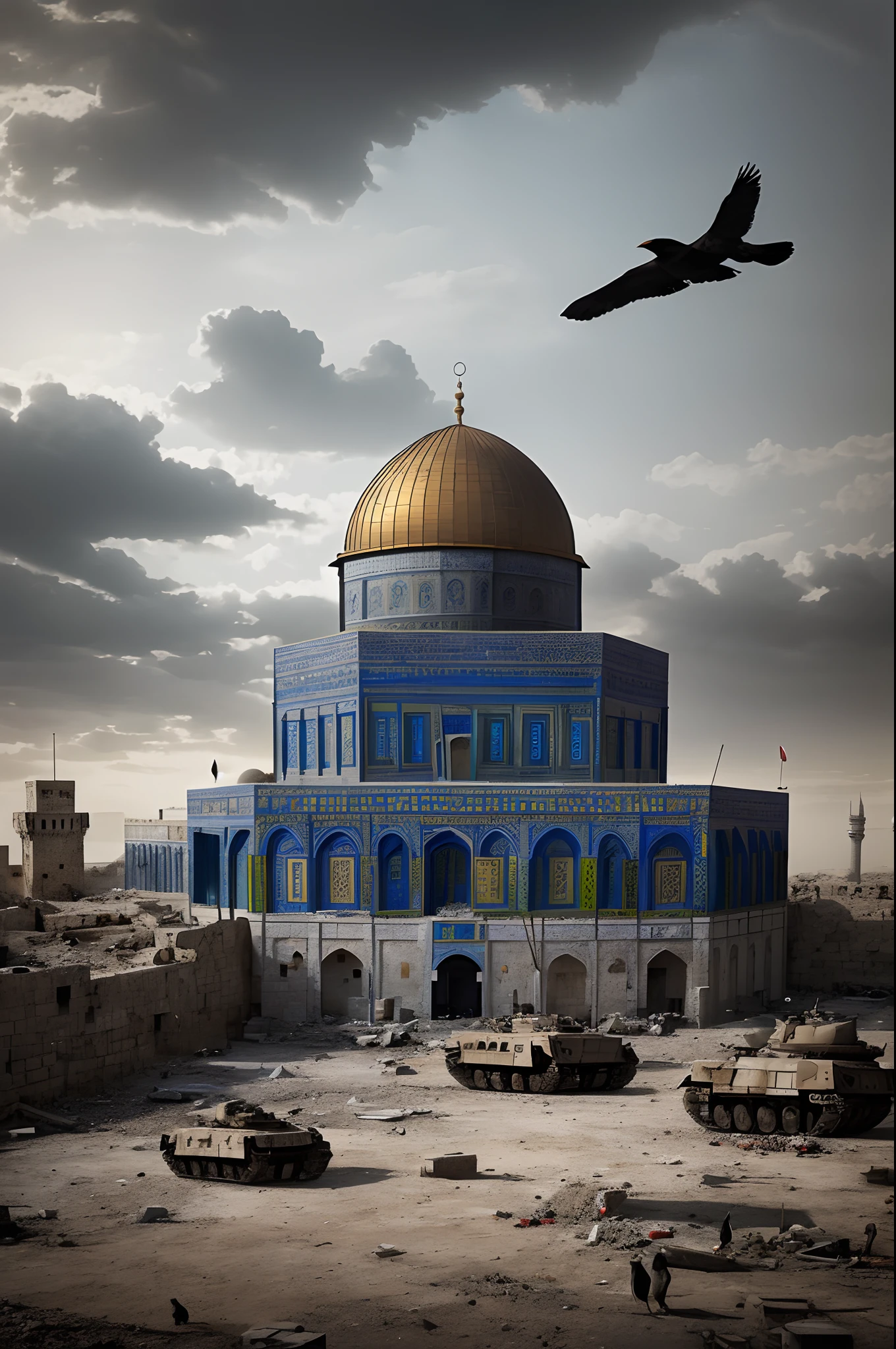 create the dome of the rock in destroyed Jerusalem, create a pile of dead bodies and scattered on the ground after a war, war tanks in conflict and fighter jets in the sky, a post-apocalyptic scenario, crows over the city walls, and crows flying over Jerusalem, sky in shade of red with glowing mushroom clouds taking ae sky, ultra realistic 8k grey, ominous and foreboding shadows amidst chaos, menacing and darkened landscape, chaos and destruction in every desolate corner