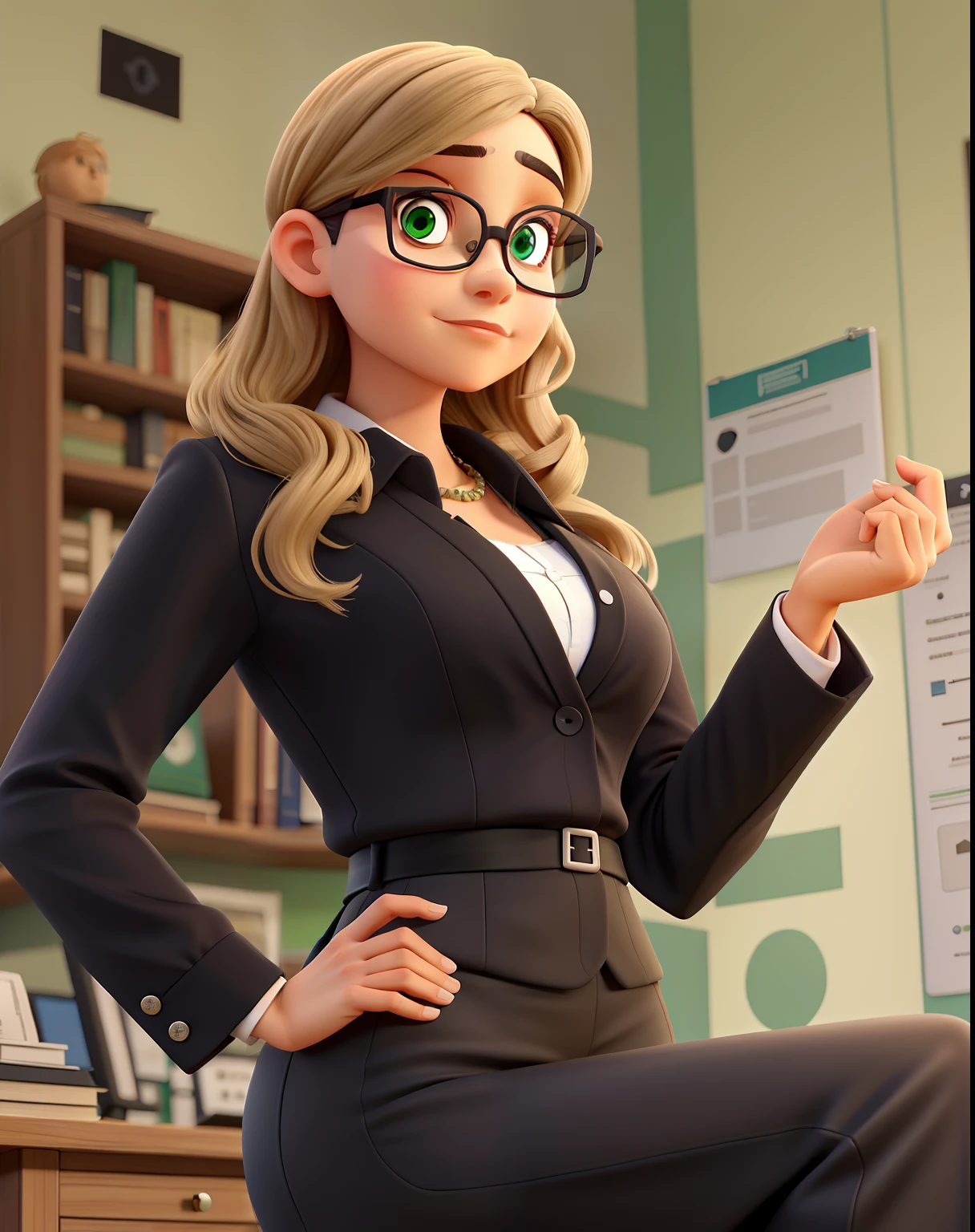 Uma mulher advogada, jovem, Serious, Chic and wise, com cabelo longo e liso escuro, olhos na cor preta, olhos esbugalhados e boca grande, with black dress pants, blusa preta e brazer verde bandeira, of prescription glasses with brown frame with ounce, salto alto preto, In a fancy law firm.