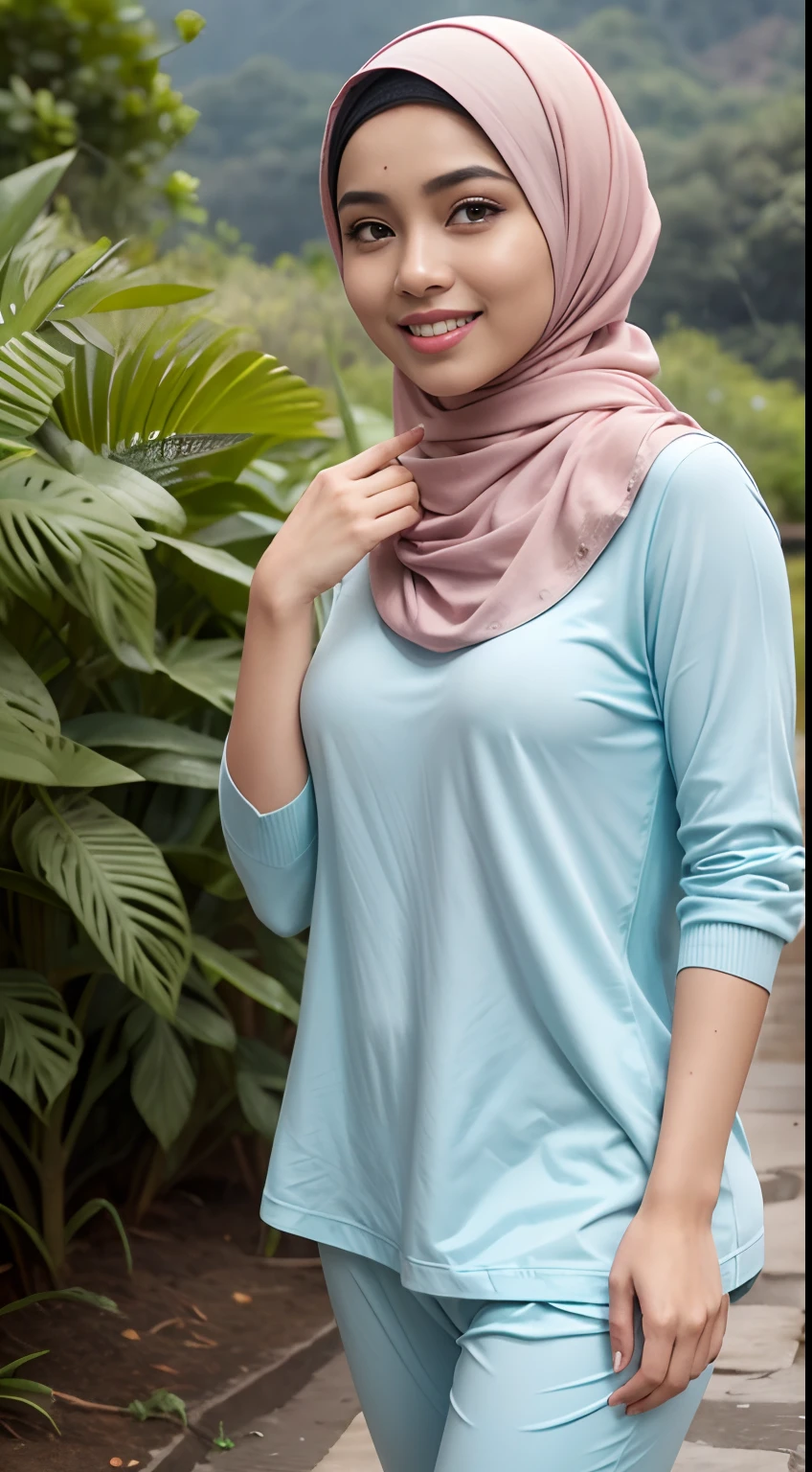 RAW, Best quality, high resolution, masterpiece: 1.3), beautiful Malay woman in hijab (iu:0.8),Best quality, high resolution, Masterpiece: 1.3, Beautiful  hijabi malay girl, Masterpiece, Soft smile,Beautiful Malay women wear pastel color hijab in the foreground , bright sunshine, hiking clothes, pullover, long pants, highres,4k,HDR,1girl, photorealistic, realistic,sweat skin, wet clothes, wet body, big breast, ((full body))soaked, dripping, smiling at viewer, closeup