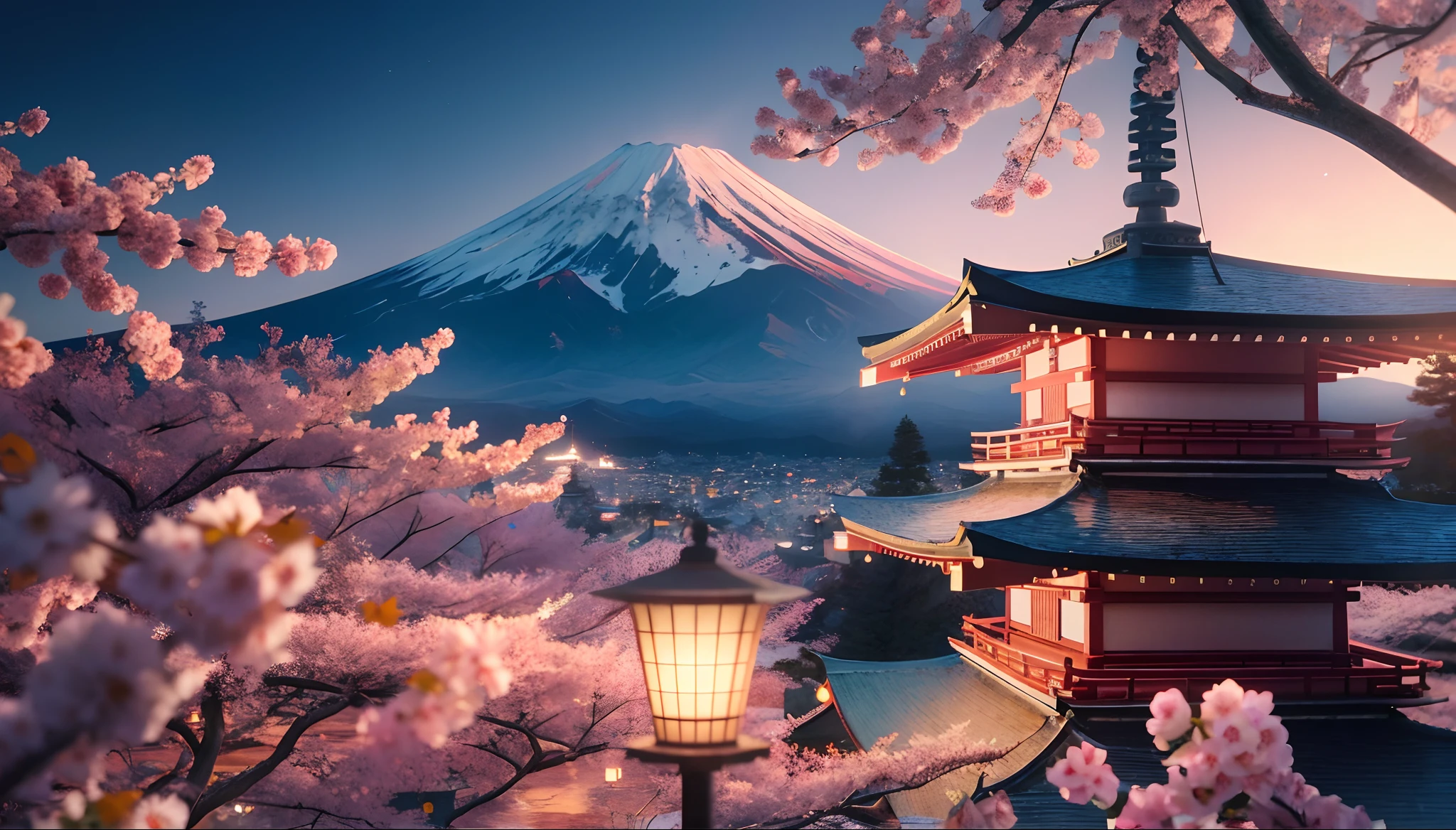 arafed view of a pagoda with a mountain in the background, japonisme 3 d 8 k ultra detailed, japan. volumetric lighting, 3840 x 2160, 3840x2160, 4k highly detailed digital art, 8k high quality detailed art, mount fuji background