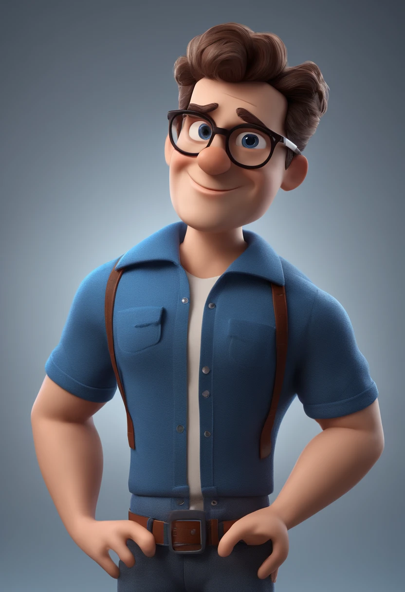 Cartoon character of a man with black glasses and a blue shirt, animation character, Caractere estilizado, animation style rendering, 3D estilizado, Arnold Maya render, 3 d render stylized, toon render keyshot, Personagem 3D, Personagem 3D, 3d rendering stylized, 3 d character render, personagem de desenho animado, Personagem de close up, Pose de personagem, (Estilo Pixar) (master part:1.2) (Bokeh) (best quality) (pele detalhada) (textura detalhada) (8k) (argila) (Cinematic lighting) (foco nítido