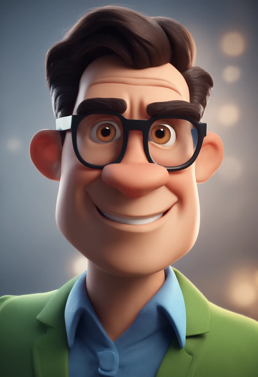 Cartoon character of a man with black glasses and a blue shirt, animation character, Caractere estilizado, animation style rendering, 3D estilizado, Arnold Maya render, 3 d render stylized, toon render keyshot, Personagem 3D, Personagem 3D, 3d rendering stylized, 3 d character render, personagem de desenho animado, Personagem de close up, Pose de personagem,  (Estilo Pixar) (master part:1.2) (Bokeh) (best quality) (pele detalhada) (textura detalhada) (8k) (argila) (Cinematic lighting) (foco nítido