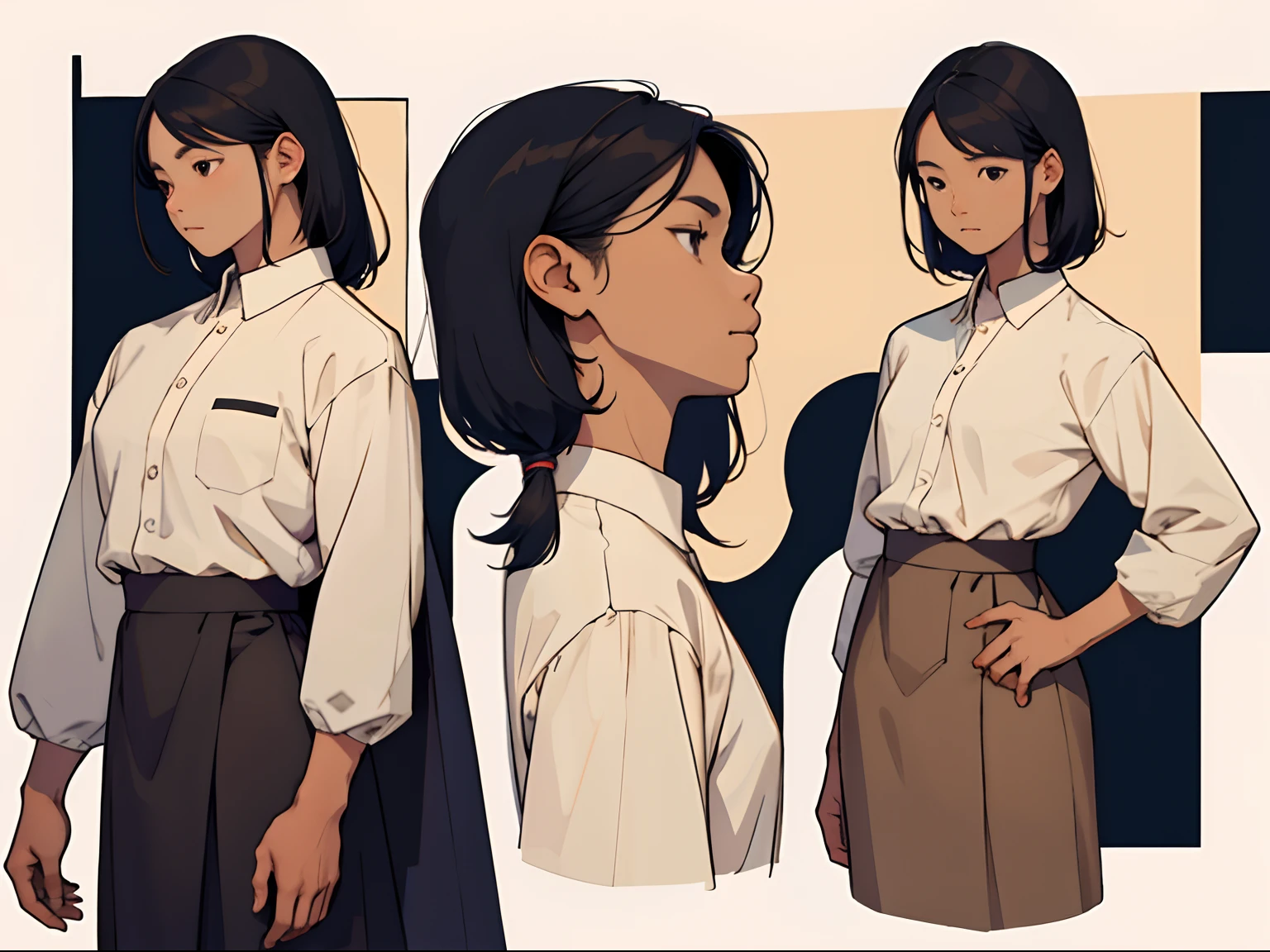 Whole body diagram,up front view,the sideview,posterior view,Asian women,35yo,cabelos preto e longos,Beige shirt and dark brown long skirt,Elegant intellectuals,White Simple Background,Hand-drawn colored line art,multi view,Black color hair,hair straight,ip,2D,high detal,super detailing,high detal,A high resolution