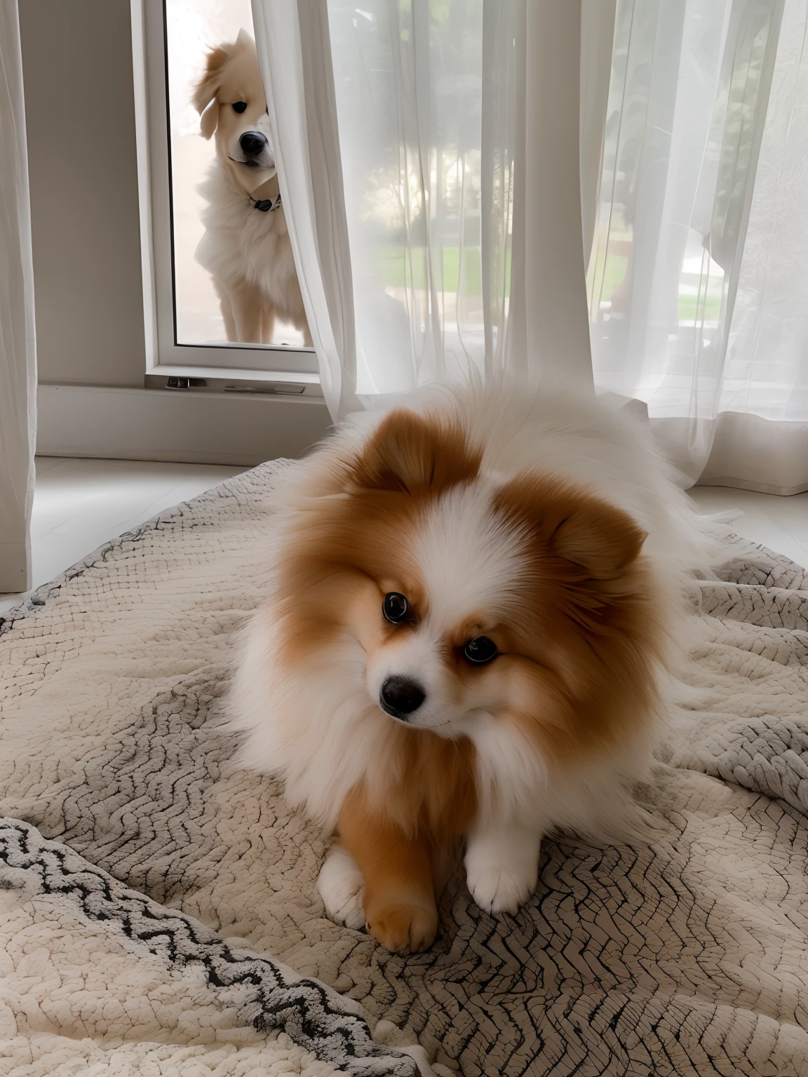There's a dog that's lying on a blanket on the floor, Pomeranian, Mistura Pomeriana, Fazer um lanche, Poofy, Two dogs, Tomado com Sony Alpha 9, aw, half dog, parecendo assustado, Filhotes vermelhos, small dog, small white dog at her side, curious expression, taken with sony a7r camera