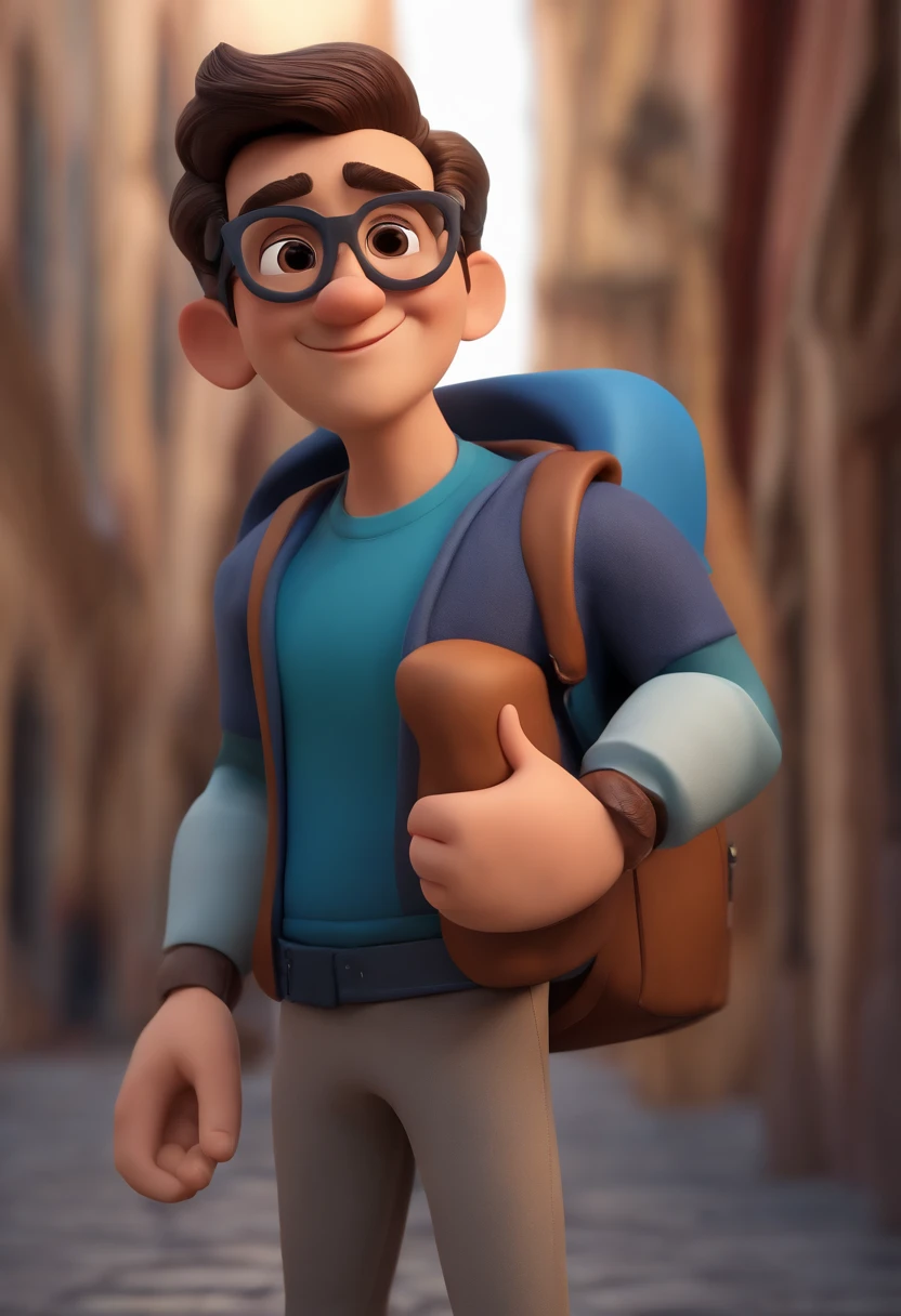 Cartoon character of a man with black glasses, cabelo cacheado marrom escuro e uma camisa azul, animation character, Caractere estilizado, animation style rendering, 3D estilizado, Arnold Maya render, 3 d render stylized, toon render keyshot, Personagem 3D, Personagem 3D, 3d rendering stylized, 3 d character render, personagem de desenho animado, Personagem de close up, Pose de personagem, (Estilo Pixar) (master part:1.2) (Bokeh) (best quality) (pele detalhada) (textura detalhada) (8k) (argila) (Cinematic lighting) (foco nítido