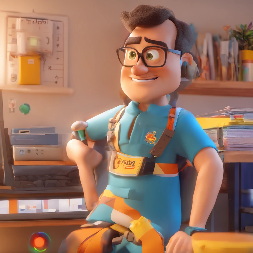 Criar um personagem no estilo Pixar. Trata-se de um homem de 50 anos, com cavanhaque , negro, com cabelos castanhos curtos , bone com o logo do flamengo , e olhos castanhos. Ele deve estar na frente de um computador, Work as a technician !