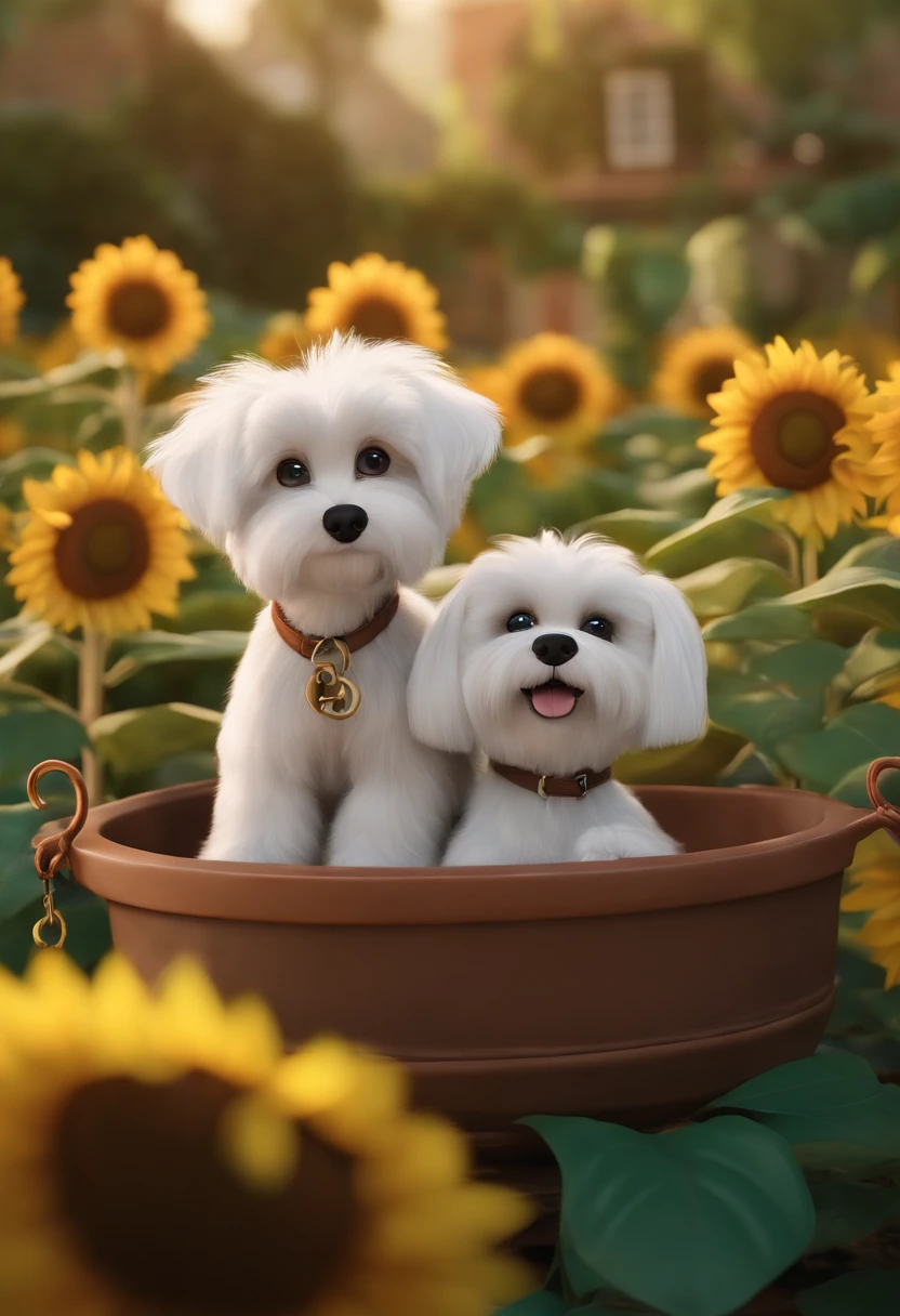 Create a Disney PIXAR-style 3D poster. ((centro da imagem, dois cachorros)), ((Maltese breed)) ((1 female with white fur and a noose on the top of the head and 1 male with short hair and white fur, They're running, junto deles uma mulher tem pele clara e cabelos cacacheados castanhos com pontas loiras e olhos castanhos claros,)) ((tudo isso no estilo Disney PIXAR 3D, In the background, A house of sunflowers, Gloria Studio, The garden is full of nature 3D render RTX clay material, estilo de design cartunesco, POP Mart, soft lighting, linhas suaves, Spring tilt, Detailed illustrations of PIXAR 3D, Detalhes hiper-realistas, cor quente no estilo Disney PIXAR 3D))