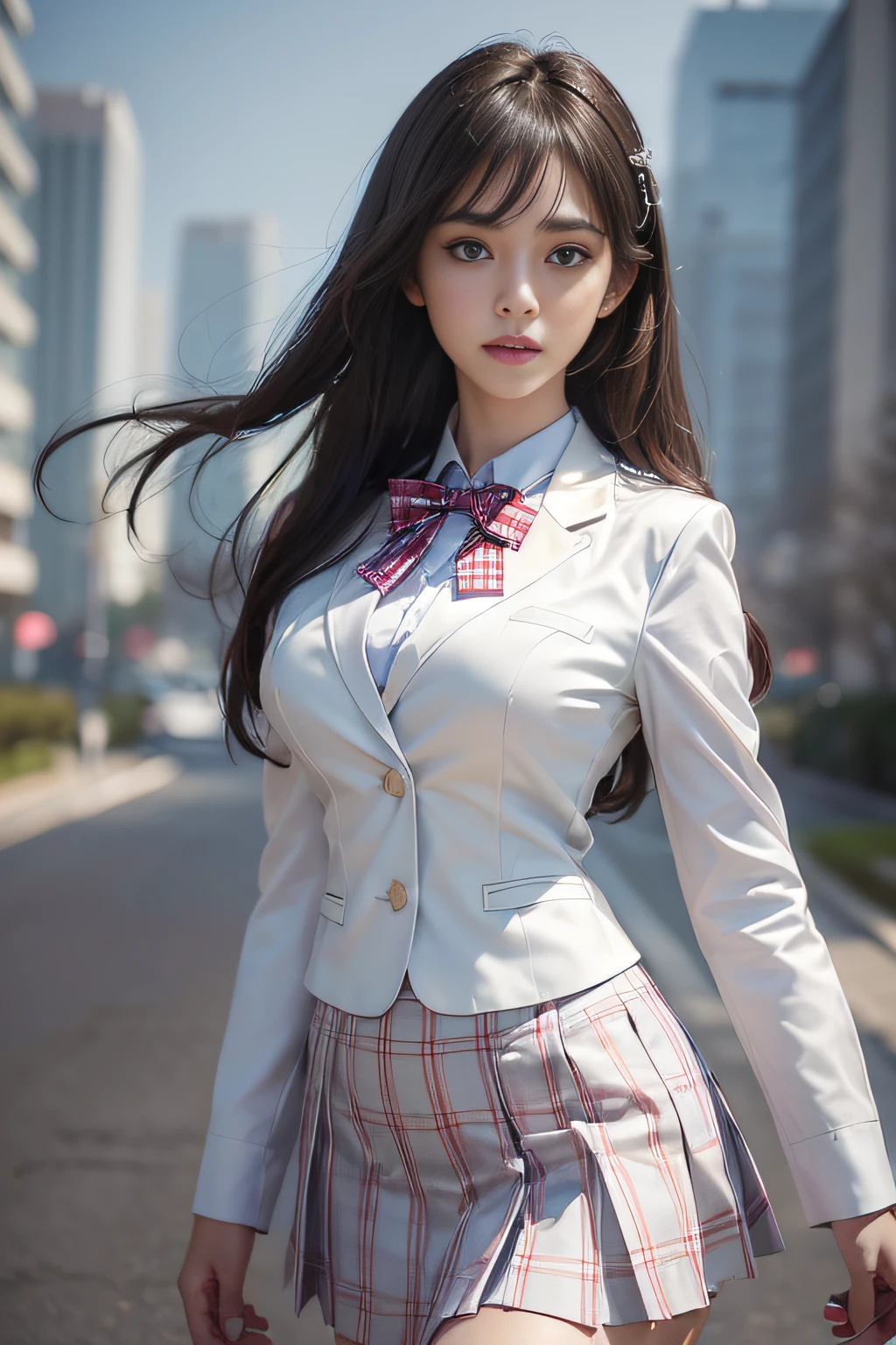((High school girl walking in a park by the lake))、((Uniform white blazer))、((Translucent white blouse、red bowtie、Dark blue checked skirt)). 40k, Photography, masutepiece, Best Quality, dark grey background, ((1 Brown light short-cut girl with beautiful eyes, . White skin, Poses variadas.((breasts of medium size,:1.1)), Best Quality, masutepiece, Ultra high definition, (Photorealistic:1.4), Raw photo, (perfect body type), (slim:1.3), Slim abdomen, Perfect slim figure, dynamicposes, (((Full-figured :0.9))), Solo, Cold Light 12000K, Highly detailed facial and skin texture, Detailed eyes, Realistic eyes, Beautiful detailed eyes, (Realistic skin), Attractive, 超A high resolution, A hyper-realistic, Highly detailed,