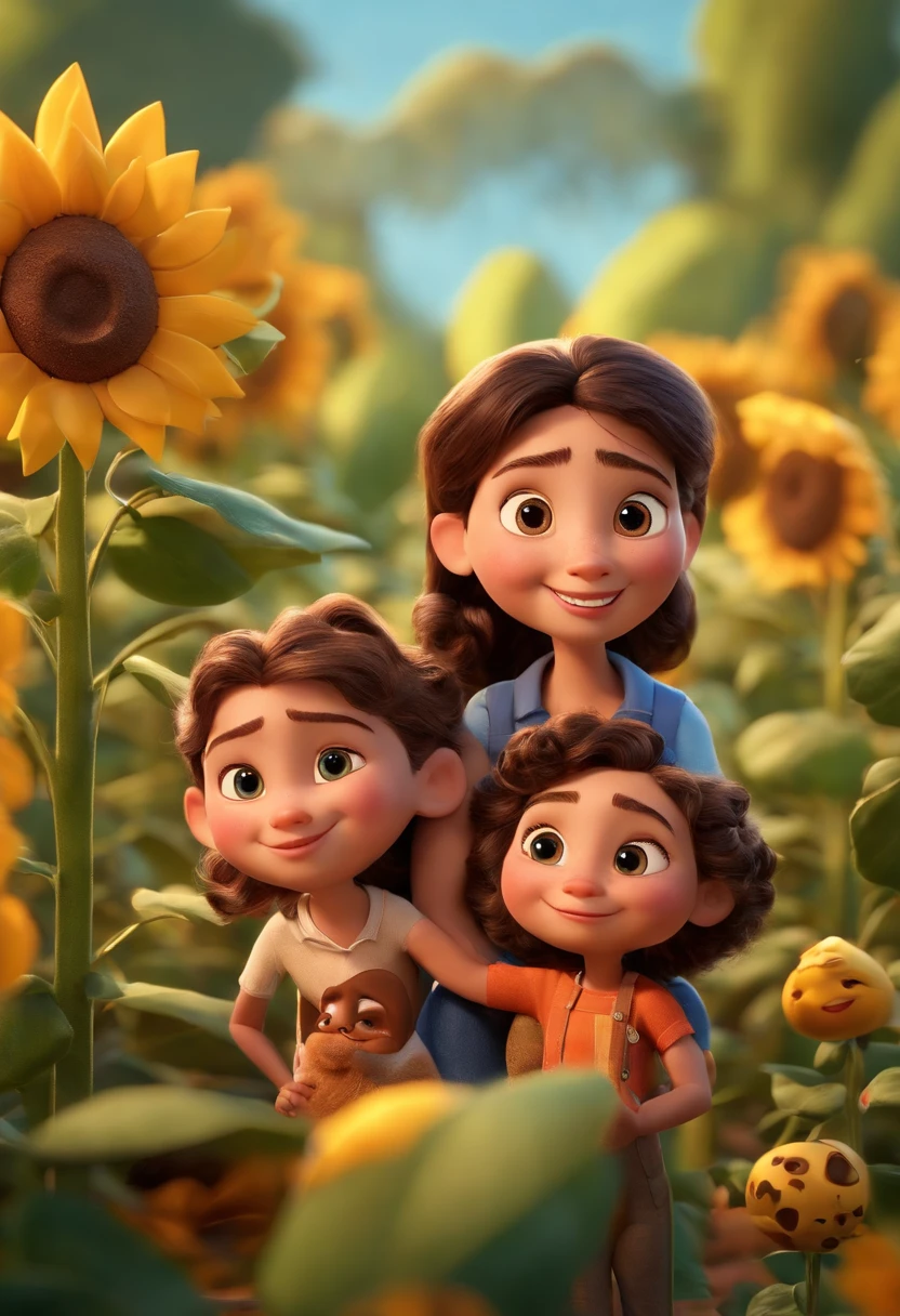 Create a 3D poster in Disney PIXAR style. ((Center of the image, triplets)), ((5 children)) ((1 boy in the middle and 2 girls on the side, they are hugging, The boy has brown skin, dark brown hair and dark brown eyes., 1 girl has light skin, dark, curly eyes and hair, and the other has dark skin, dark eyes and dark straight hair)) ((all this in Disney PIXAR 3D style, In the background, A house of sunflowers, Gloria Studio, The garden is full of nature. 3D render of RTX clay material., cardboard design style, Pop Store, soft lighting, soft lines, Spring tilt, Detailed PIXAR 3D illustrations, Hyperrealistic details, Warm color in Disney PIXAR 3D style))
