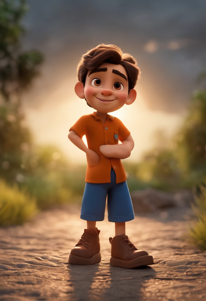 Garoto, estilo disney, tom de pele: claro: Cabelo: marrom escuro, liso, curto, penteado para o lado direito. camisa: social, Cor azul. Fundo: Gray and white gradient,Comemorando, Hands raised, sorrindo, feliz, (estilo pixar) (obra-prima:1.2) (bokeh) (melhor qualidade) (pele detalhada) (textura detalhada) (8k) (claymation) (cinematic lighthing) (foco nítido