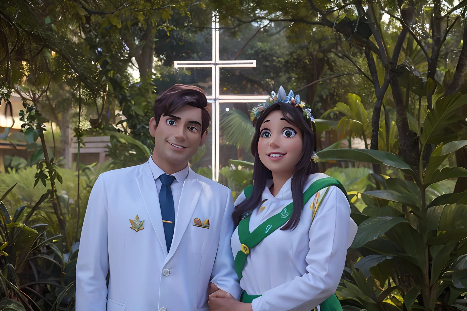 um homem e uma mulher, estilo disney pixar, alta qualidade, melhor qualidade, com fundo de floresta tropical