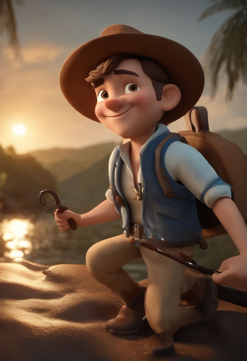 Personaje de dibujos animados de un hombre decaspecto indu, tes morena, pero cortito, con barbilla y bigote y una camisa azul, with a fishing rod animation character, stylized character, Rendering animation styles, 3D estilizado, Arnold Maya render, 3D render estilizado, Toon renderizar keyshot, Personaje 3D, Personaje 3D, Renderizado 3D estilizado, Renderizado de 3 caracteres D, Personaje de dibujos animados, Personaje de primer plano, Pose del personaje,  (estilo pixar) (Pieza maestra:1.2) (Bokeh) (La mejor calidad) (Piel detallada) (Textura detallada) (8k) (arcilla) (cinematic lighting) (foco nítido