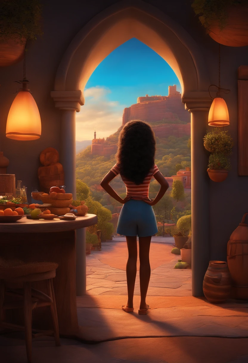Um filme inspirado na Disney Pixar (MENINA NEGRA JOVEM COM CABELO LONGO CACHEADO PRETO) dentro A cena estar na arte distinta do estilo PIXAR, descolada e estilosa
