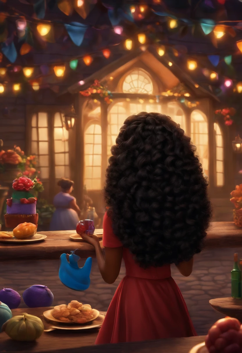 Um filme inspirado na Disney Pixar ( NEGRA JOVEM COM CABELO LONGO CACHEADO PRETO) dentro A cena estar na arte distinta do estilo PIXAR, descolada e estilosa