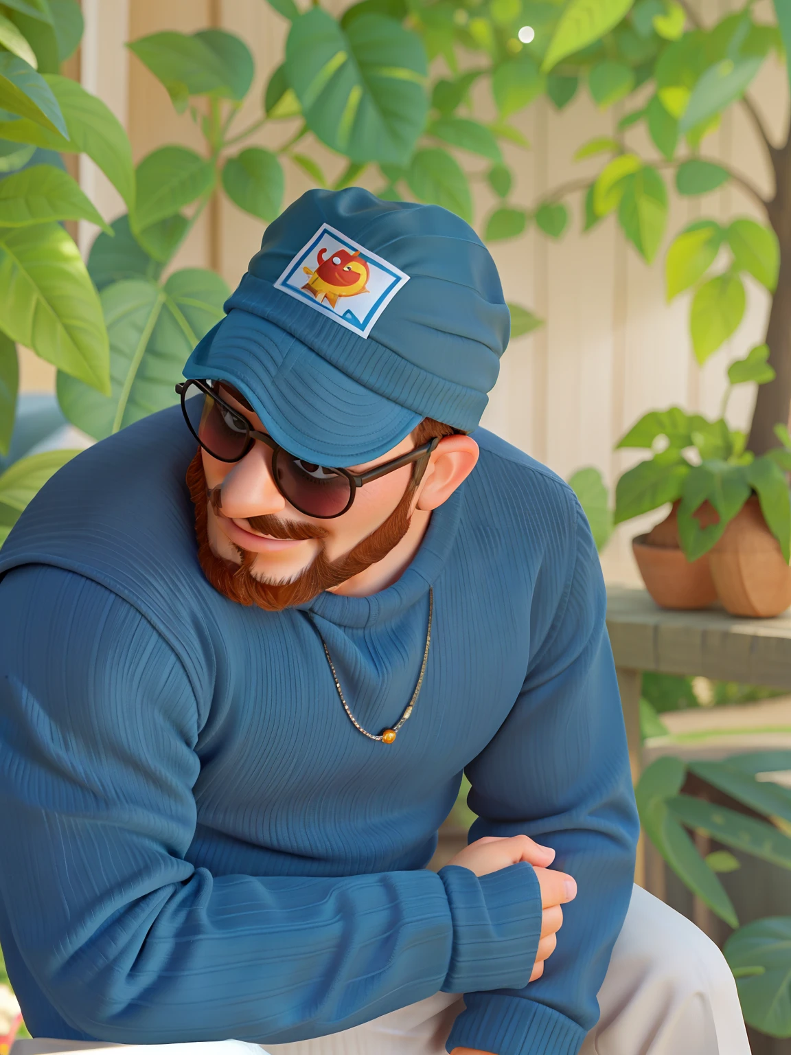 Disney Pixar Poster. Homem sentado, com barba escura, sun glasses, bonnet. Olhando para o lado. Fundo de natureza