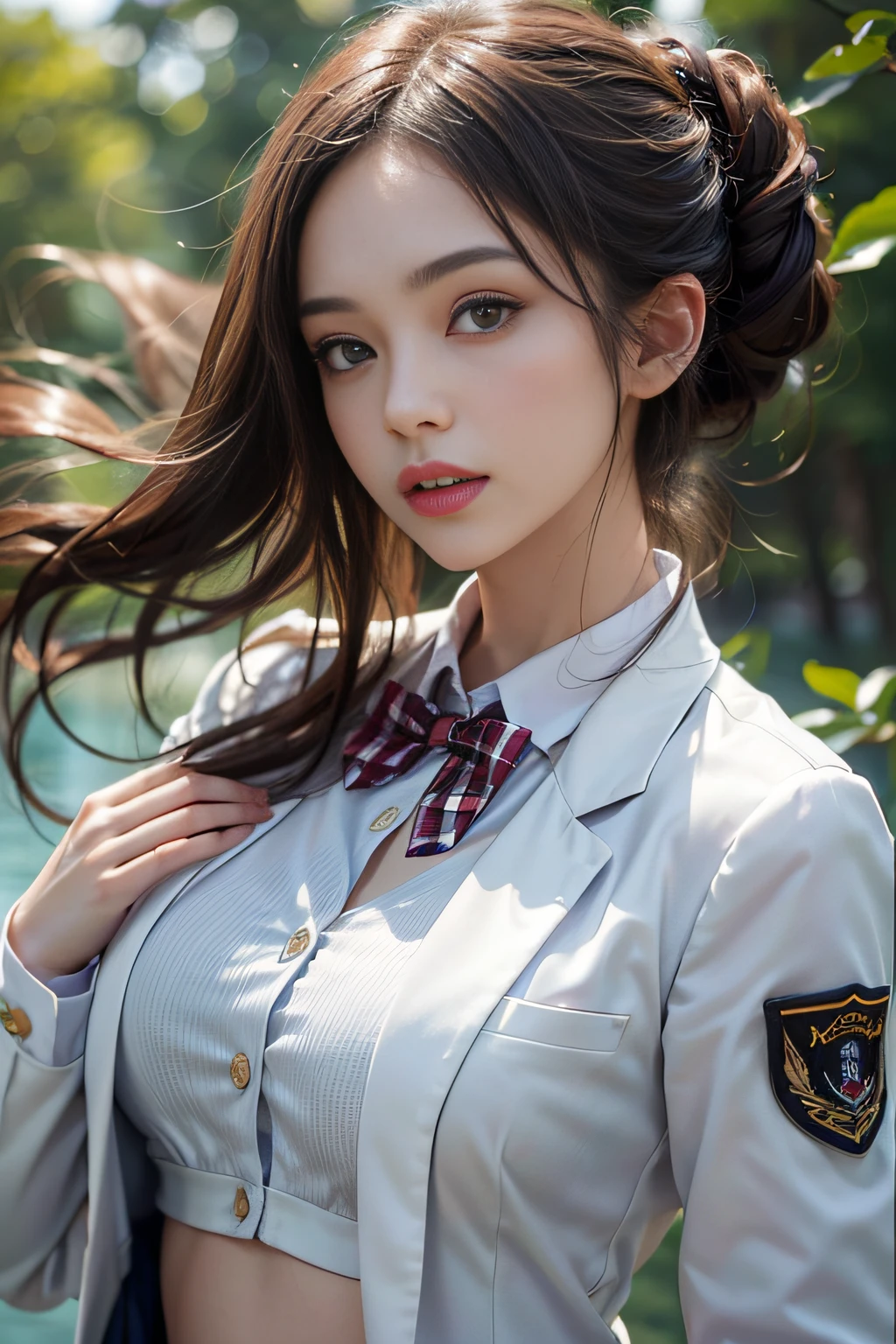 ((High school girl walking in a park by the lake))、((Uniform white blazer))、((Translucent white blouse、red bowtie、Dark blue checked skirt)). 40k, Photography, masutepiece, Best Quality, dark grey background, ((1 Brown light short-cut girl with beautiful eyes, . White skin, Poses variadas.((breasts of medium size,:1.1)), Best Quality, masutepiece, Ultra high definition, (Photorealistic:1.4), Raw photo, (perfect body type), (slim:1.3), Slim abdomen, Perfect slim figure, dynamicposes, (((Full-figured :0.9))), Solo, Cold Light 12000K, Highly detailed facial and skin texture, Detailed eyes, Realistic eyes, Beautiful detailed eyes, (Realistic skin), Attractive, 超A high resolution, A hyper-realistic, Highly detailed,