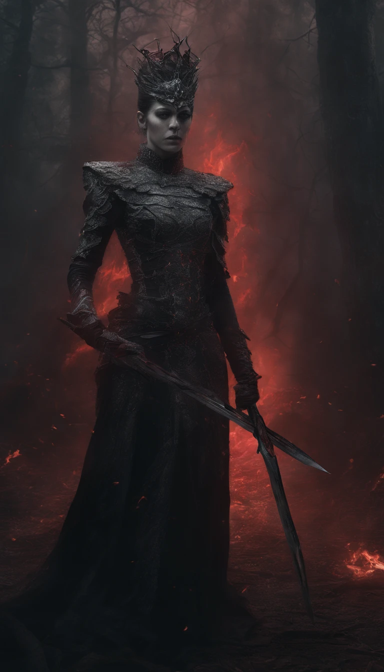 curar, Deusa da morte, nordic mythology, Scarlet sorceress with a tiara with several blades on her head, colar de caveiras, Arte em estilo Guviz, Ross Tran 8 K, uma bela imperatriz fantasia, 8k arte detalhada de alta qualidade, Arte digital altamente detalhada em 4k, Retrato da rainha das trevas, wielding several pointed swords, Fundo de cinzas e fogo, pequenos pontos de brasa quente ao fundo, Vestido composto por caveiras e laminas,