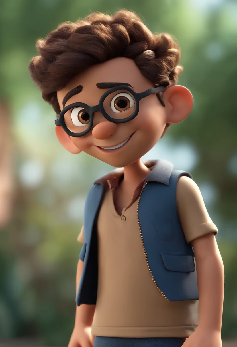 Cartoon character of a man with black glasses, cabelo cacheado marrom escuro e uma camisa azul, animation character, Caractere estilizado, animation style rendering, 3D estilizado, Arnold Maya render, 3 d render stylized, toon render keyshot, Personagem 3D, Personagem 3D, 3d rendering stylized, 3 d character render, personagem de desenho animado, Personagem de close up, Pose de personagem, (Estilo Pixar) (master part:1.2) (Bokeh) (best quality) (pele detalhada) (textura detalhada) (8k) (argila) (Cinematic lighting) (foco nítido