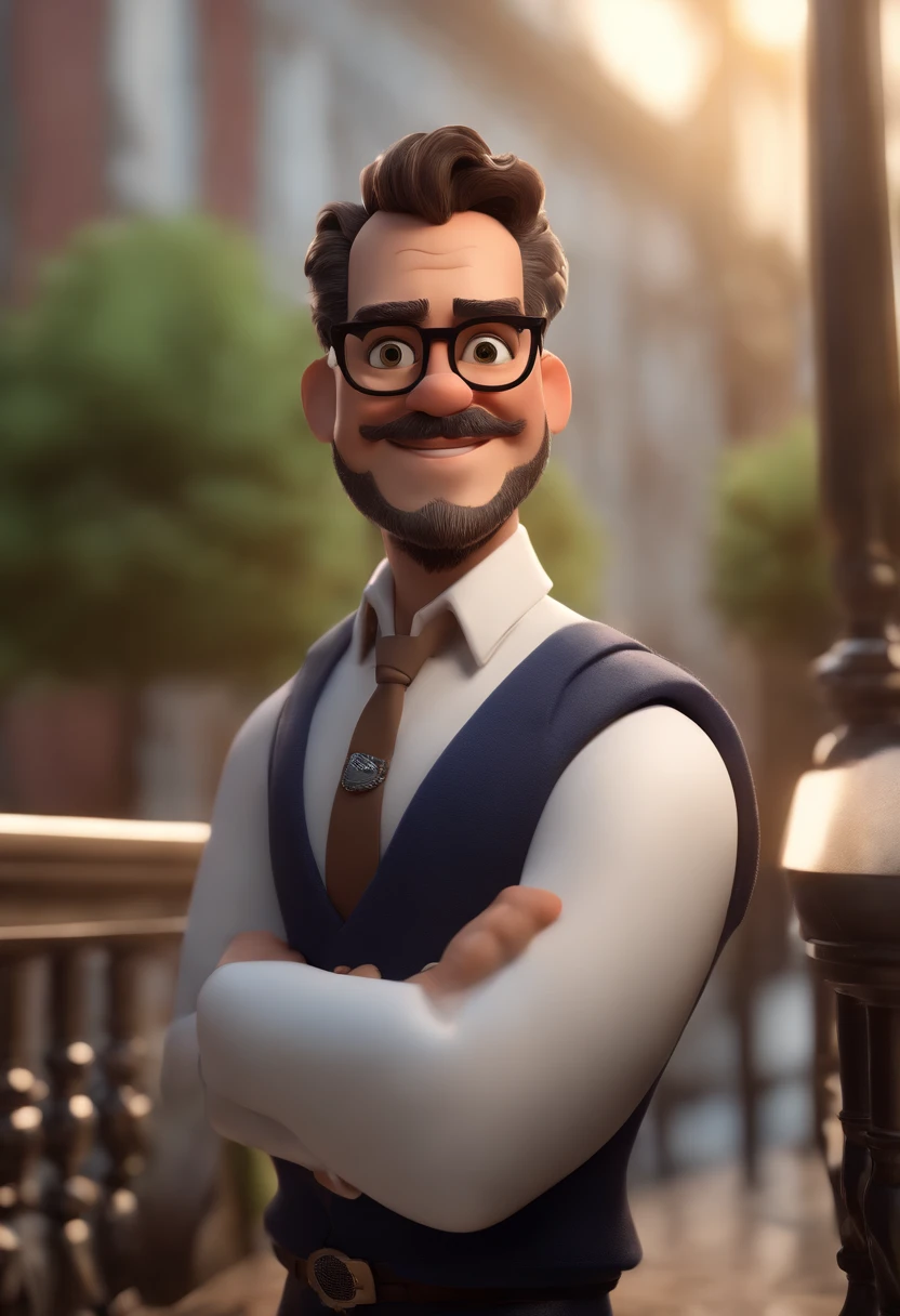 Cartoon character of a man with black glasses, cabelo cacheado marrom escuro e uma camisa azul, animation character, Caractere estilizado, animation style rendering, 3D estilizado, Arnold Maya render, 3 d render stylized, toon render keyshot, Personagem 3D, Personagem 3D, 3d rendering stylized, 3 d character render, personagem de desenho animado, Personagem de close up, Pose de personagem, (Estilo Pixar) (master part:1.2) (Bokeh) (best quality) (pele detalhada) (textura detalhada) (8k) (argila) (Cinematic lighting) (foco nítido