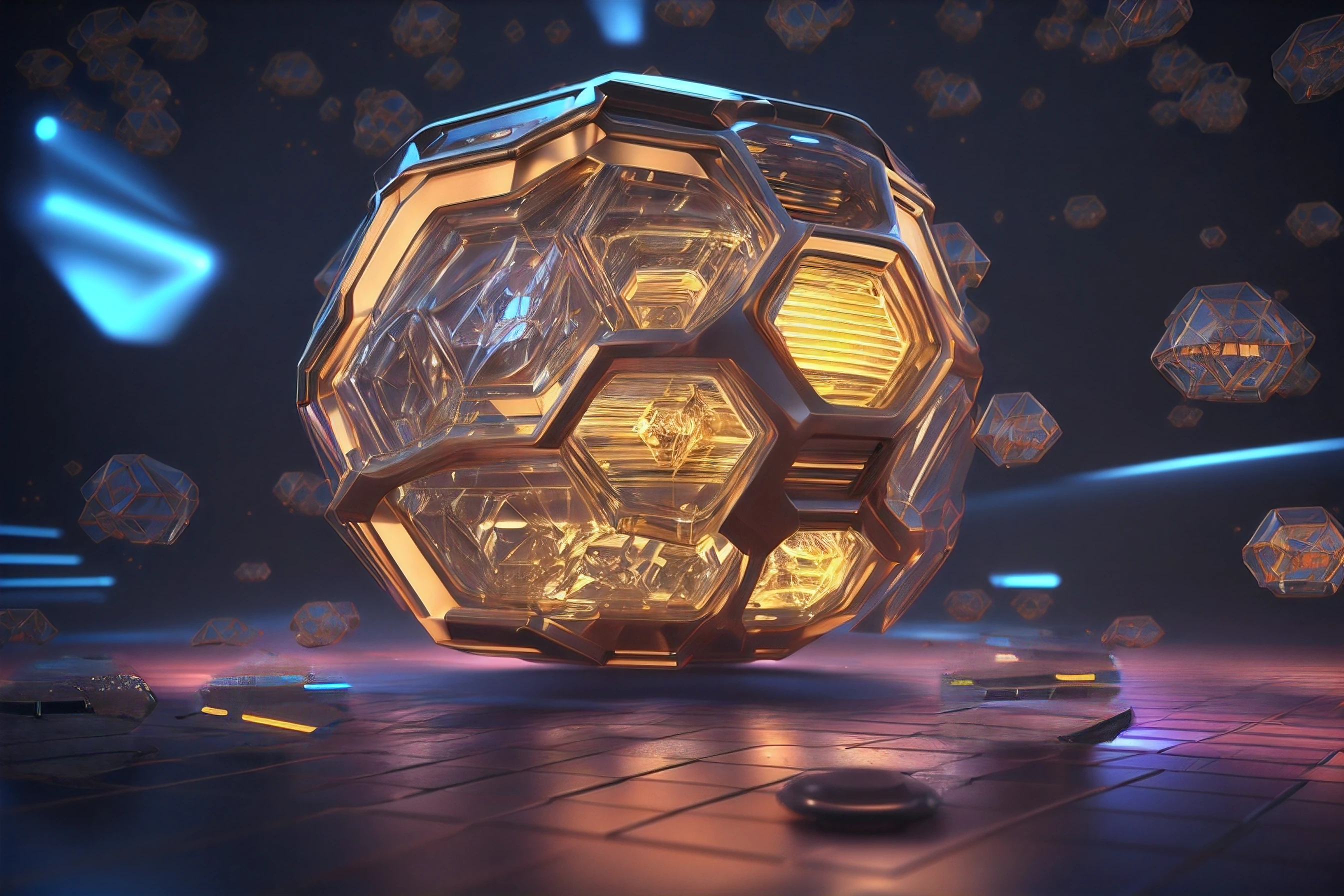Describe a digitally generated scene of a futuristic beehive with realistic lighting effects. Imagine a complex structure, similar to a beehive, composed of bright and translucent hexagonal panels. Multi-colored pulsating lights pass through the panels, creating a mesmerizing effect. Detail the soft reflections on the surfaces and how robotic bees interact with this digital beehive. Explore the scene's details to make it as realistic and captivating as possible