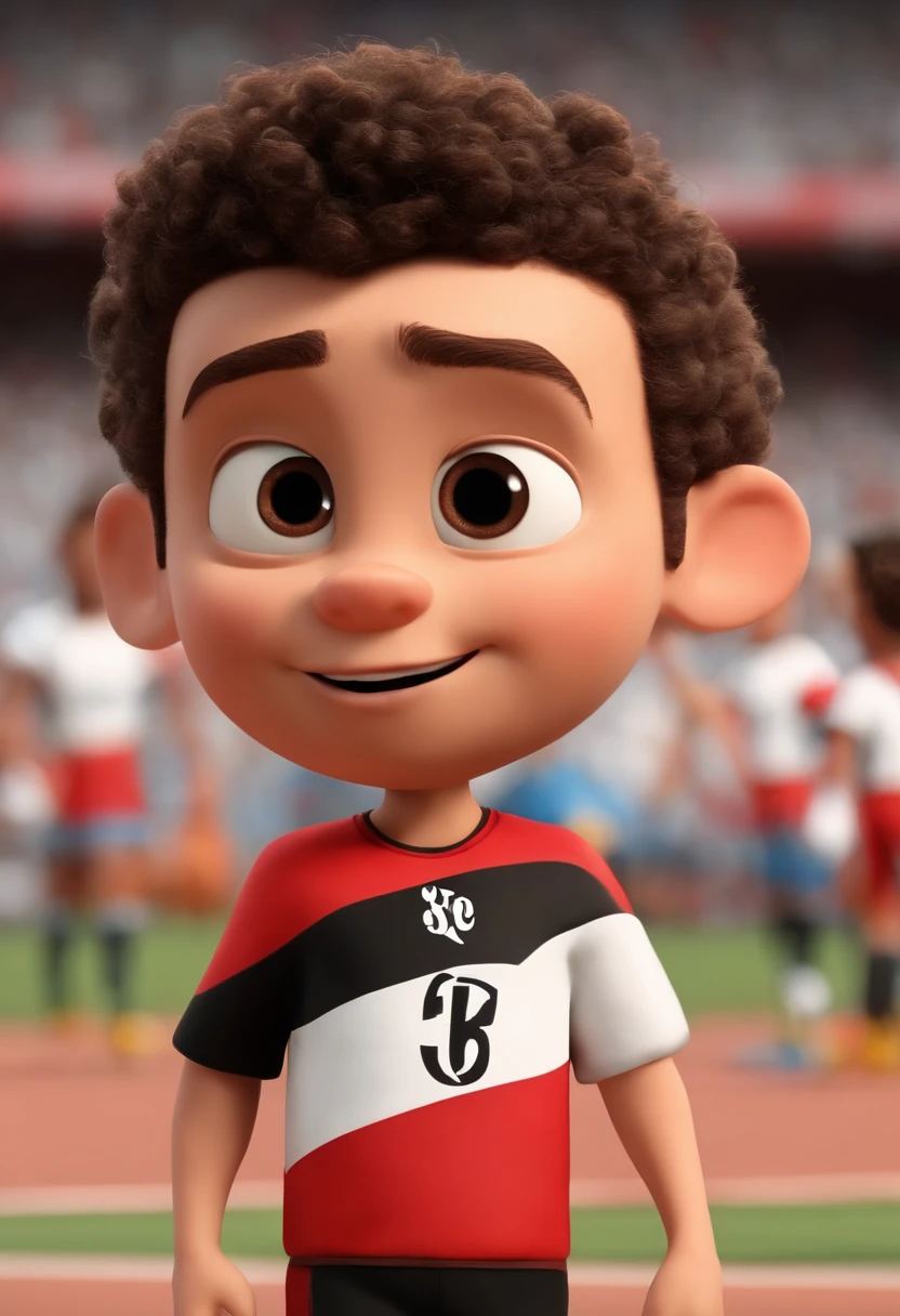 Create a Disney PIXAR-style 3D poster. ((centro da imagem, three friends)), ((3 )) ((1 menino no meio e 2 meninos ao lado, They're in football clothes 
One with a Flamengo t-shirt, another with a São Paulo T-shirt, e um com a camiseta do corinthians , O menino com camiseta do sao paulo tem pele castanha e cabelos castanhos escuros e olhos castanhos escuros, menino com camiseta do flamengo tem pele clara, olhos e cabelos escuros e ondulado, e o menino com camiseta do corinthians tem pele clara, meio bronzeada, olhos escuros e cabelos escuros e lisos)) ((tudo isso no estilo Disney PIXAR 3D, In the background, uma quadra de futebol, the court is full of detailed 3D render RTX clay material, estilo de design cartunesco, POP Mart, soft lighting, linhas suaves, Spring tilt, Detailed illustrations of PIXAR 3D, Detalhes hiper-realistas, cor quente no estilo Disney PIXAR 3D))