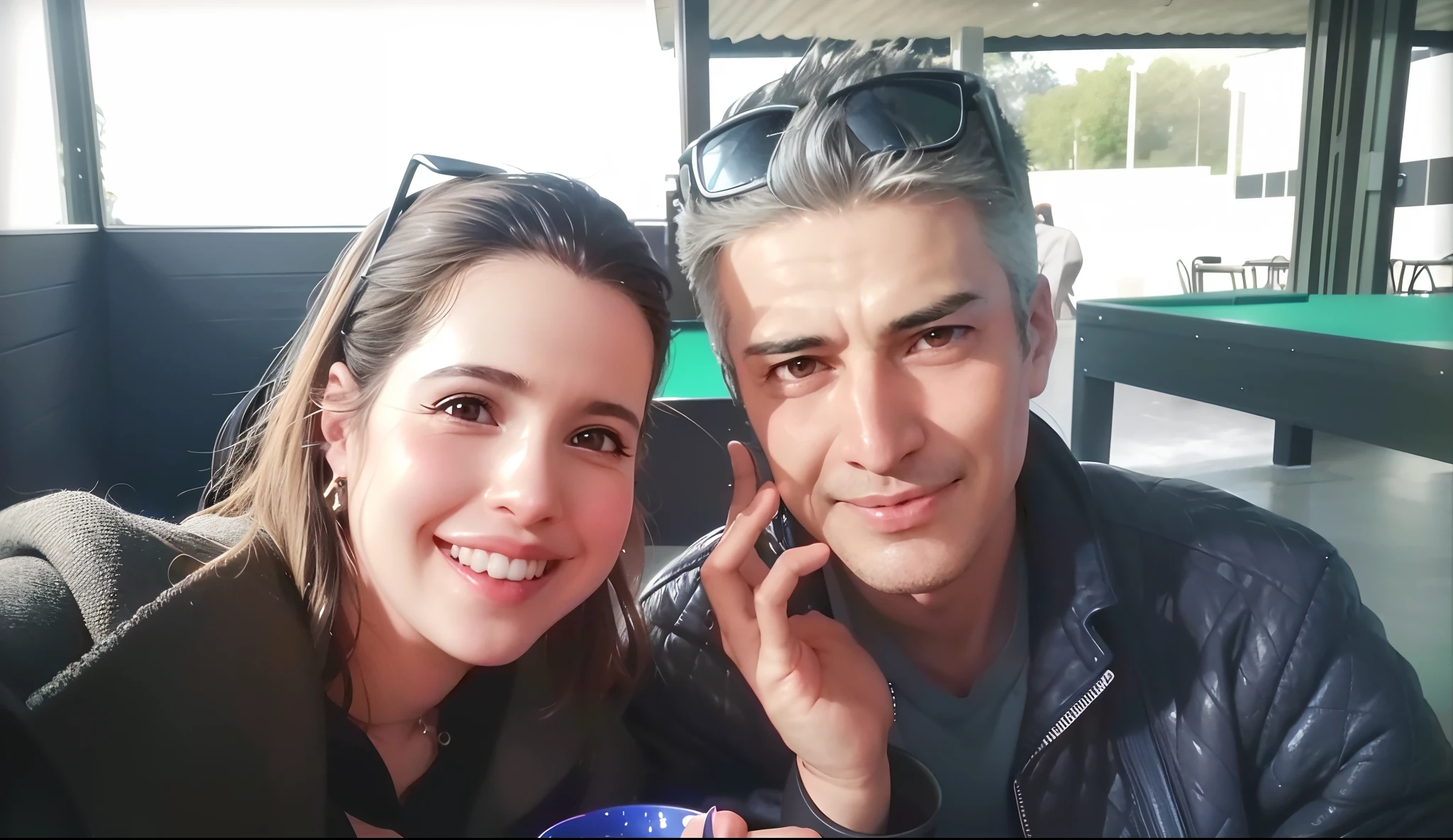 they are sitting at a table with a cup of coffee, by Nándor Katona, ayanamikodon and irakli nadar, lovely couple, ghutra and egal, with godray, happy couple, alarcon caricaturista, in sao paulo, by David Ruby, back to us, magali villeneuve and monet