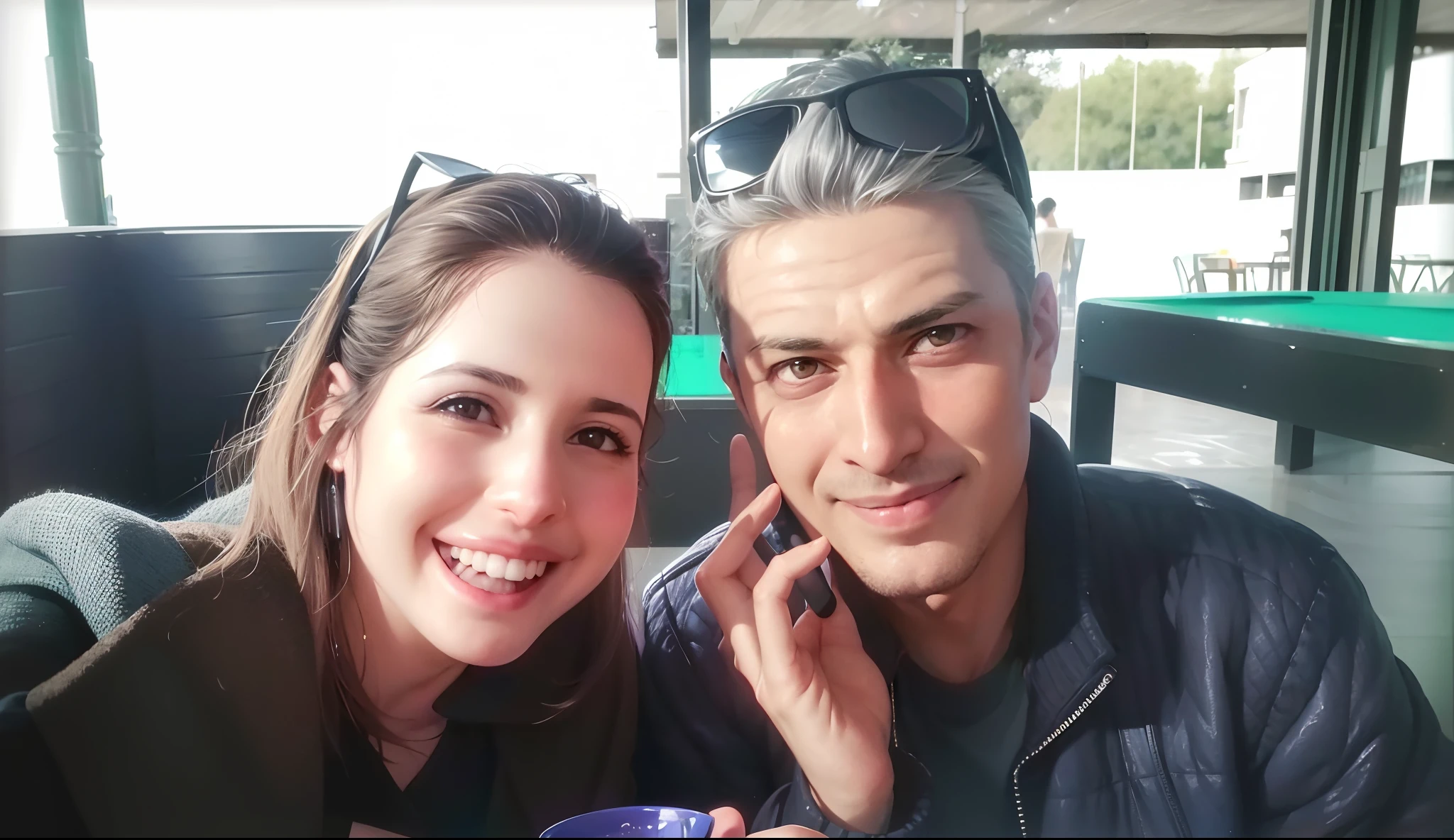 they are sitting at a table with a cup of coffee, by Nándor Katona, ayanamikodon and irakli nadar, lovely couple, ghutra and egal, with godray, happy couple, alarcon caricaturista, in sao paulo, by David Ruby, back to us, magali villeneuve and monet